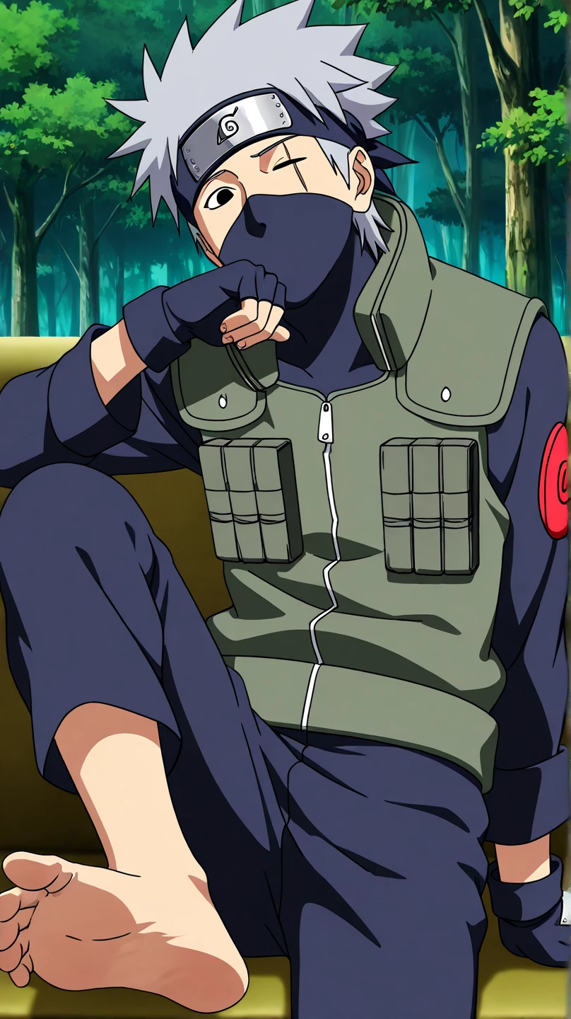 score_9, score_8_up,source_anime,
1boy, bare feet focus, kakashi, grey hair, covered mouth, mouth mask, black eyes, scar across eye, forehead protector, gloves, konohagakure symbol, mature, green vest, pants,
solo, looking at viewer, standing, cowboy shot, outdoors, forest, anime screencap, anime coloring  He is sitting on a couch while his bare feet (soles) are displayed in front of us on a table(our point of view). Both of his bare feet (soles) are exposed