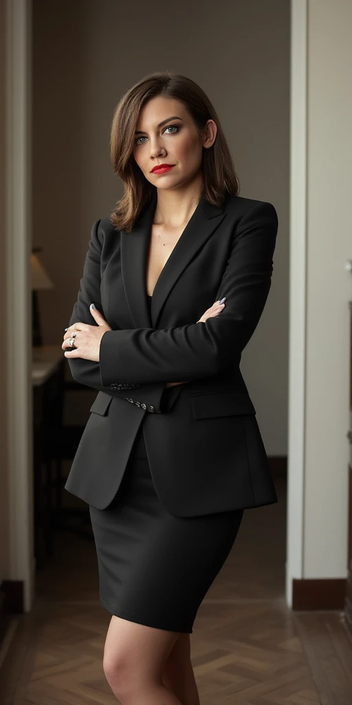 beautiful detailed photograph, shoulder length hair, makeup, wearing a business suit, knee length skirt, standing in a office room, smile, big toned thighs, arms folder over chest.