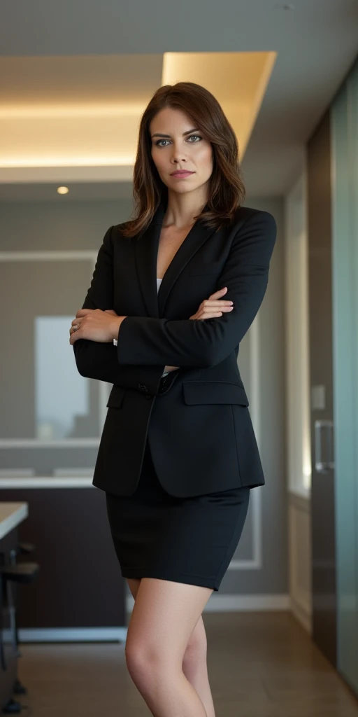 beautiful detailed photograph, shoulder length hair, makeup, wearing a business suit, knee length skirt, standing in a office room, smile, big toned thighs, arms folder over chest.