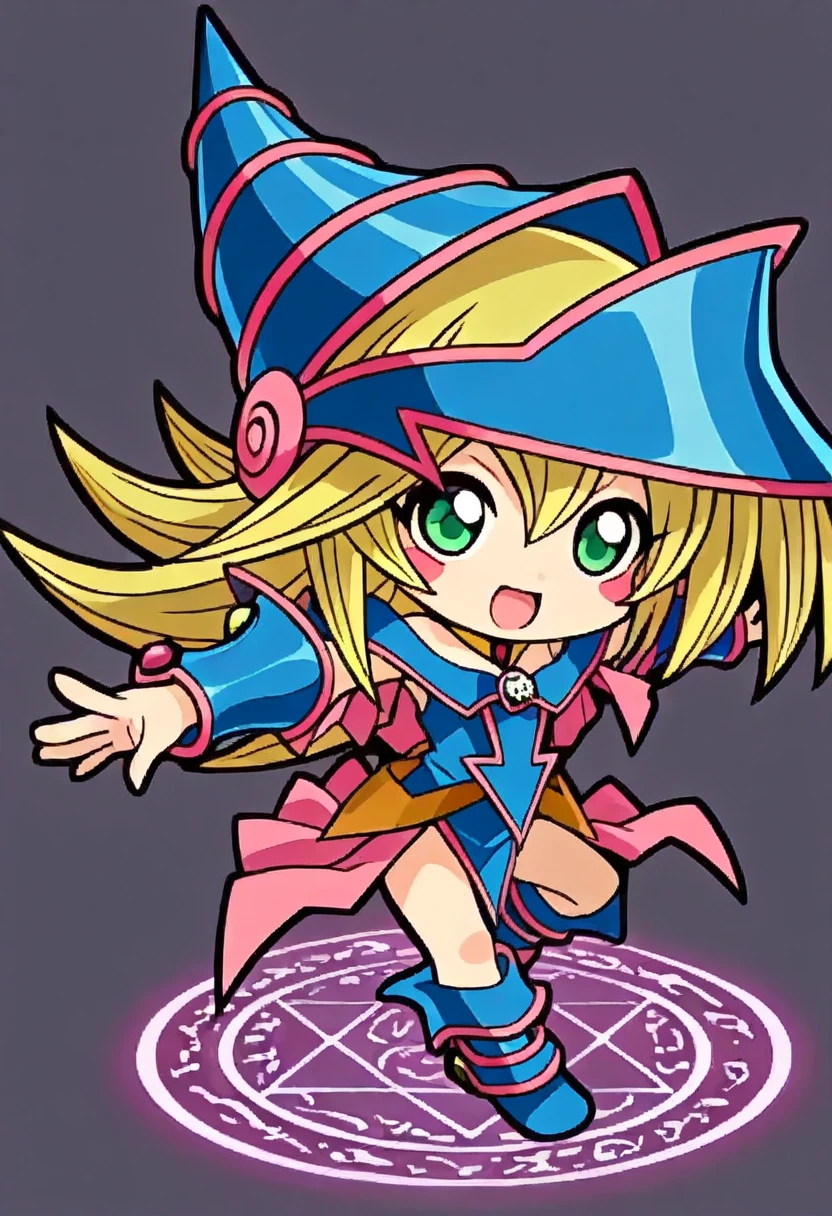 chibi-dol, Dark Magician Gir, magic circle, simple background, dynamic pose, blush stickers, smile, open mouth, chibi, flat chest,