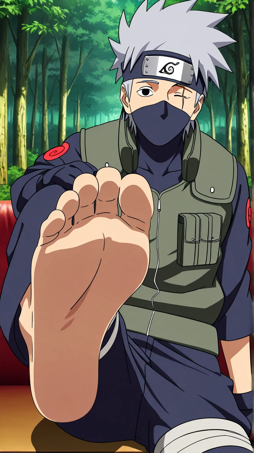 score_9, score_8_up,source_anime,
1boy, bare feet focus, kakashi, grey hair, covered mouth, mouth mask, black eyes, scar across eye, forehead protector, gloves, konohagakure symbol, mature, green vest, pants,
solo, looking at viewer, standing, cowboy shot, outdoors, forest, anime screencap, anime coloring  He is sitting on a couch while his bare feet (soles) are displayed in front of us on a table(our point of view). Both of his bare feet (soles) are exposed