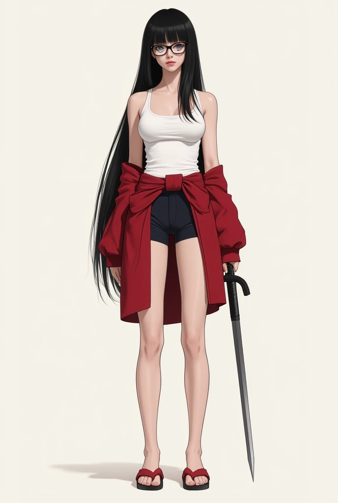 tall woman, With long black hair split in half,tied, (((( cat eye circles )))), (((((( huge boobs))))), sleeveless t-shirt with neckline,  red jacket tied around the waist , short shorts, From flip flops , with glasses, fencing sword in hand , alone,  very detailed 