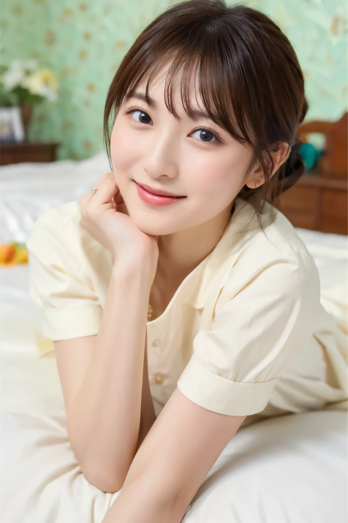  16k ultra-fine CG wallpaper ，masterpiece， Excellent picture quality ，超級Exquisite），（Excellent light ，Exquisite）， smooth skin ， bright face ， 18K close-up Perfect display ，variation，cute，穿著性感cute世界絕無僅有的肉色內衣女孩,f cup， Height 170cm ,Lie on a large white bed， Colorful gem-like eyes。 Full Body Photo , to show your favorite expression on your face,I want to make you happy and keep smiling, Full Body Photo 