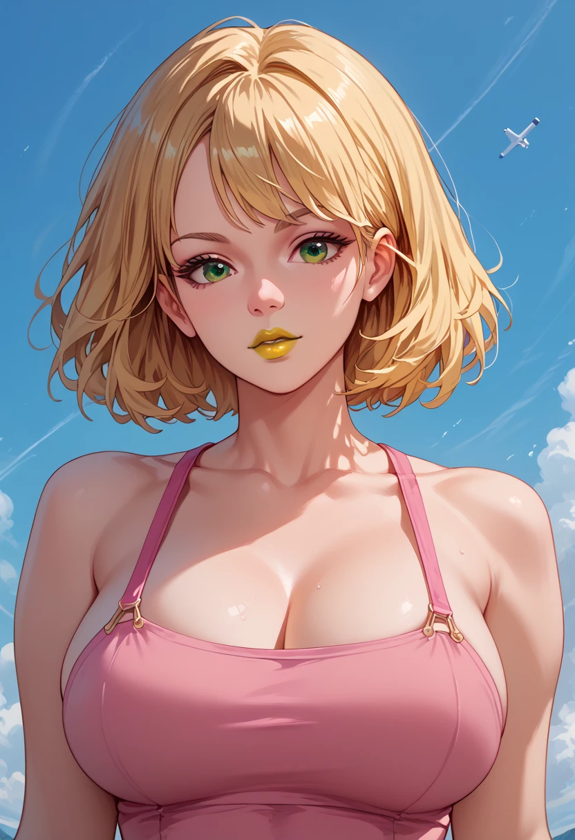 woman, anime style, big breasts, yellow lipstick, white skin, blonde hair, green eyes, pink top, Launch