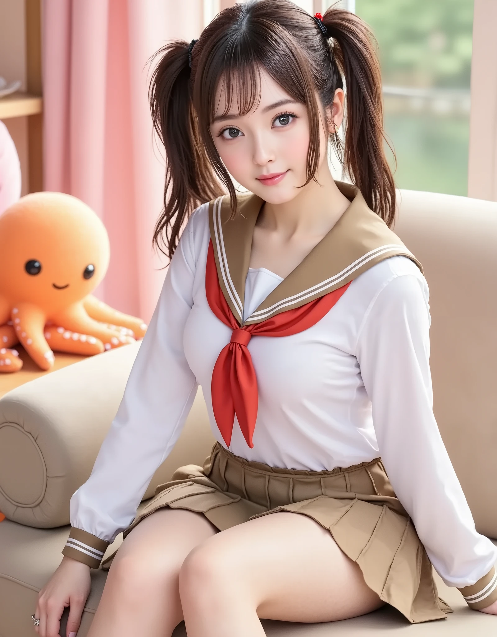smile、((Browsing Caution))、((Camel Toe))、((Female organ:1.1))、(Highest quality、4K、8K、High resolution、masterpiece: 1.2)、Very detailed、Beautiful Japanese Girl、1 person、 (16 years old)、alone、(from the front:1.4)、(reach sexual ecstasy:1.6) 、 (Her naked lower body is exposed, Giving us a glimpse of her crotch.:1.5)、(Short-sleeved sailor uniform) 、Crotch crack、Beautiful ass、 Twin tails、In the classroom