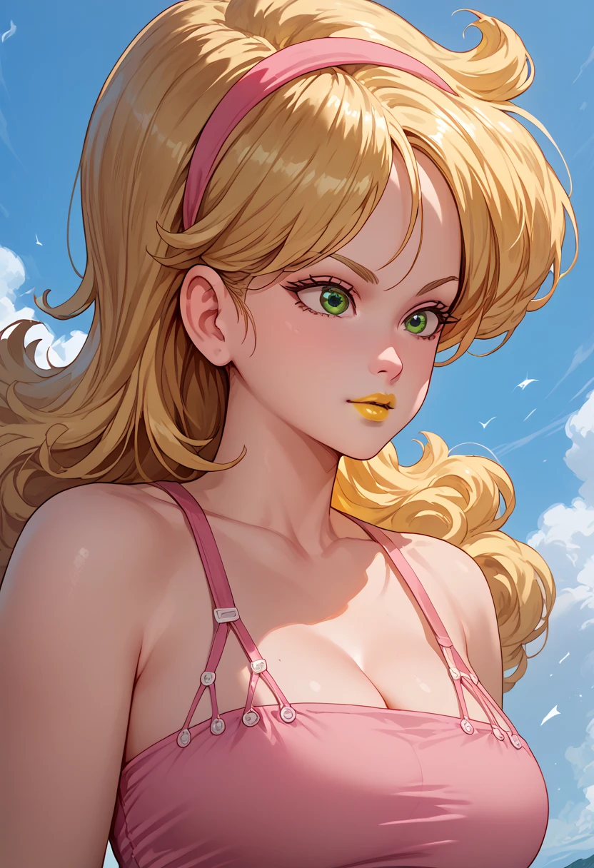 woman, anime style, big breasts, yellow lipstick, white skin, blonde hair, green eyes, pink top, long hair, Launch