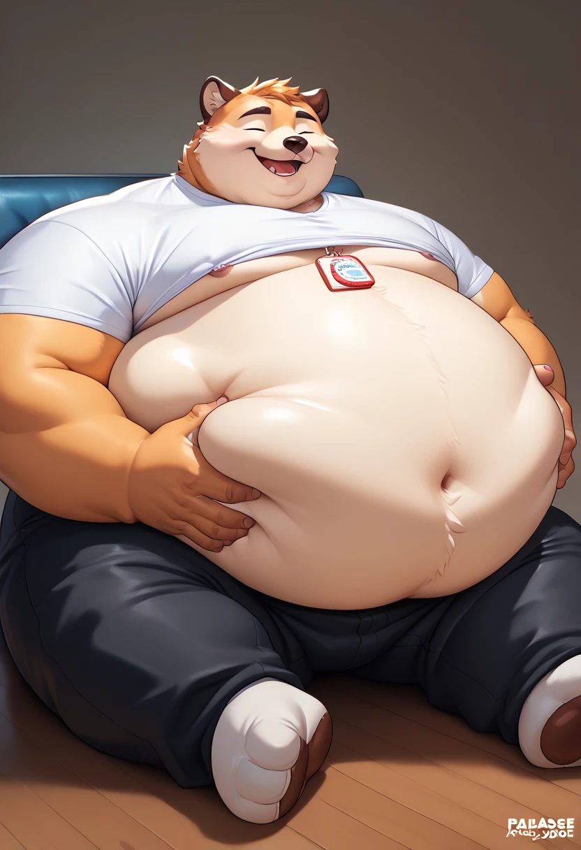 Two furry Snolaxes, closed eyes, is a extremely large, extremely obese man with a extremely huge inhunanly inflated belly and body, absolutely huge stomach, chubby cheeks, black trousers, white shirt, tight clothes, button pop, happy, sitting, touching each other, caresses, hugs, belly rubs, extremely huge size difference