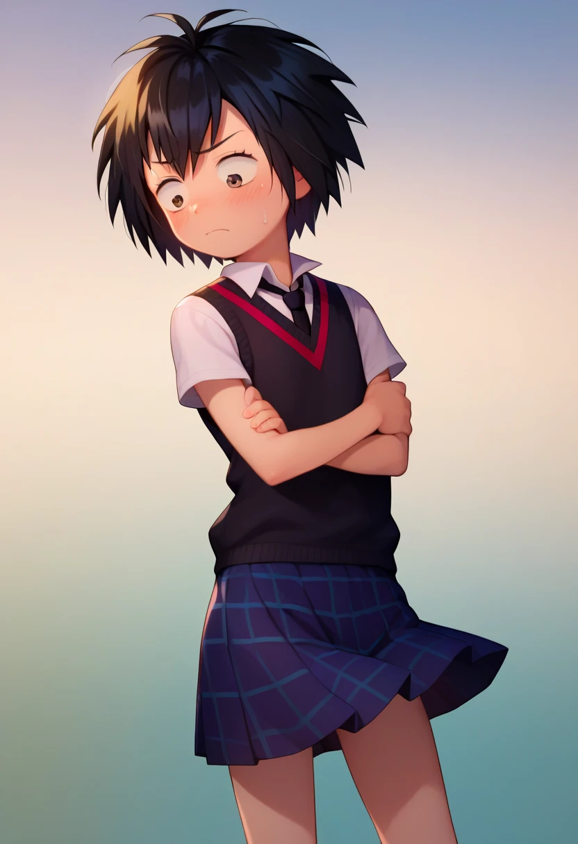 masterpiece, best quality, hoshinofuuta, 1girl, solo, female , peniparker, white shirt, black sweater vest, black necktie, black skirt, plaid skirt, anime style , peni parker , short black hair , a girl, cute, frustrated, nervous, jealous , flat chest , arms crossed , windlifting her skirt,  pantie 