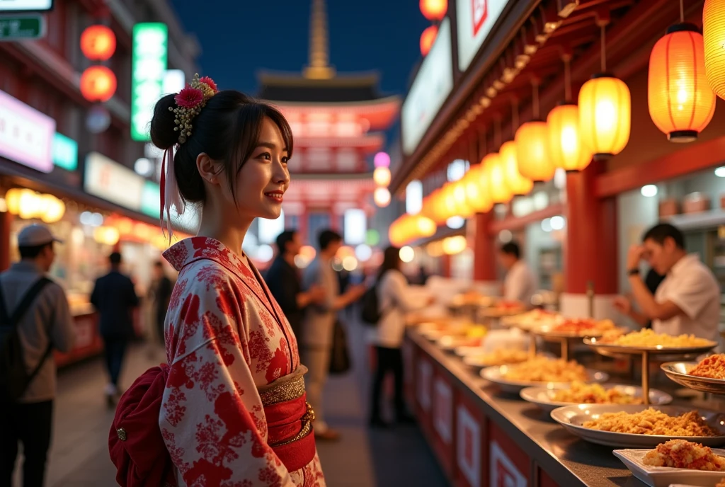 1girl, a young female news reporter in a traditional japanese kimono exploring and introducing a bustling night market, many food stalls and open kitchens with delicious dishes, japanese new year celebration, crowded street scene, shinto shrine, concept art, wide shot photograph,  Focus on food stall