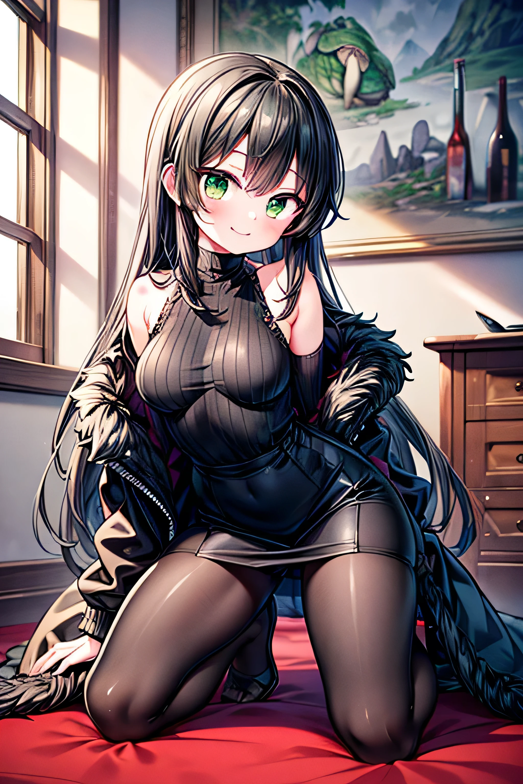 (extremely detailed, 8K resolution, with sharp focus, masterpiece, best quality, Moe Art style, safe for work:1.3), 1 cute turtle lady, slender full body, kneeling in the room, black pantyhose, turtle neck long dress, dark brown fur coat, long straight hair, detailed dark-green eyes, detailed pupil, smile