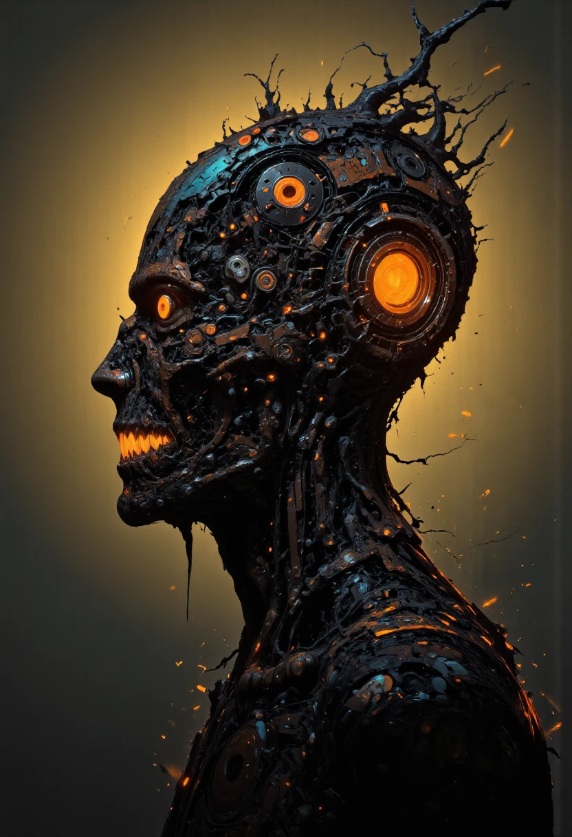 a wired-cyborg with intricate mechanical parts and wires, light shining through the desolate head, silhouette made of wires and cables, moody, golden hour lighting, volumetric lighting, cinematic, highly detailed, photorealistic, award winning, 8k, digital art