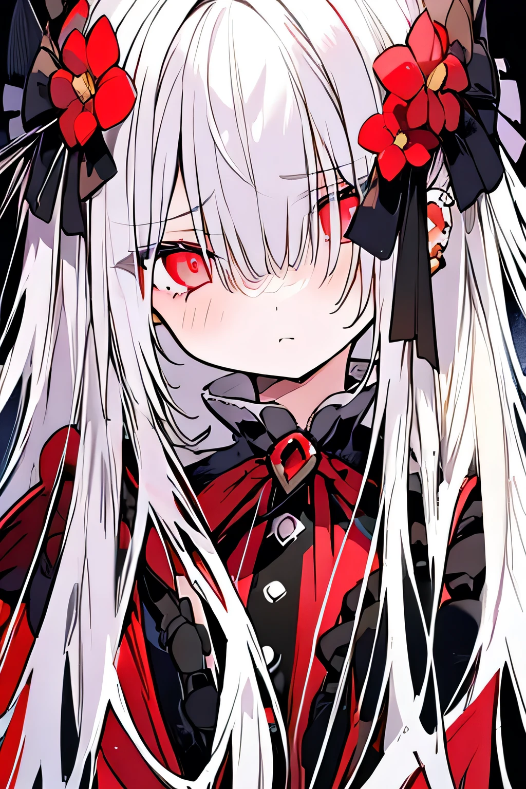 1girl,solo,1girl,solo,((beautiful detailed eyes)), red eyes, (detailed light),depth of field,(white hair),hair over one eye,(red flower ), chifres branco e vermelho na ponta, hair flower,long hair,black cloak,wet,emotionless, reality shattering around her,red flowers falling,sketch,upper body,intense shadows