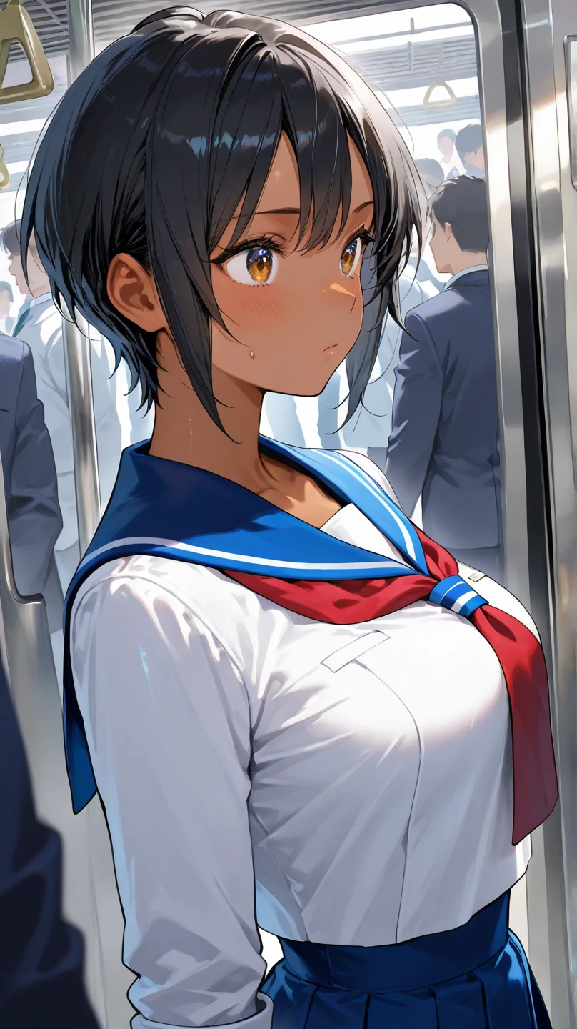 one girl,black hair,Short Hair,tanned,school uniform,medium breasts, sailor suit, crowded trains near the door,crowd、 salaryman