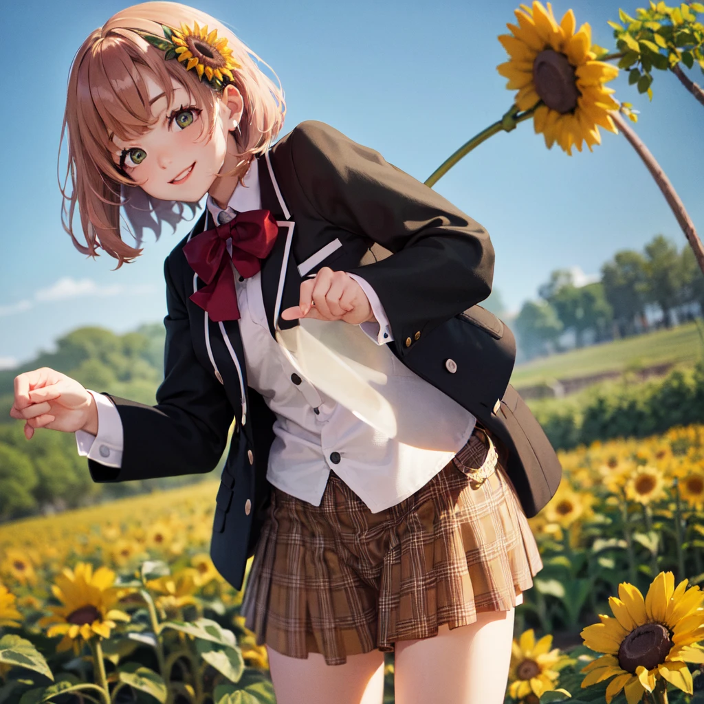 (Masterpiece,  top quality:1.2),  cowboy shooting, Alone,  1 girl, Honma Himawari, smile,  looking , stupid hair,  sunflower hair accessory,  school uniform, black jacket,  plaid skirt , Sunflower field