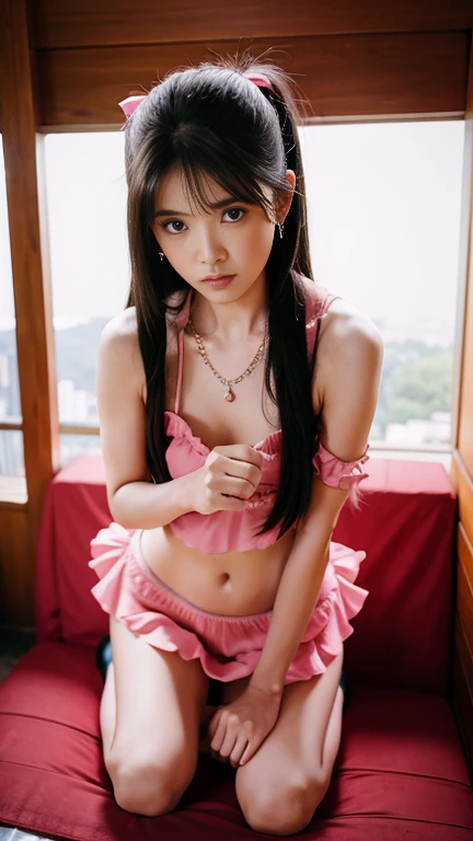 TeeTee1,1girl, (asian model), 18 years old,soft body, black hair, braids,whole body, hair reaches waist, whole body,((head to leg)),black bracelets,yellow bra,yellow pleated skirt, white tall boots,large earrings,close-up, 8k, RAW photo, best quality, masterpiece,realistic, photo-realistic,seductive,cute,yellow background, erotic pose, kneeling , open leg