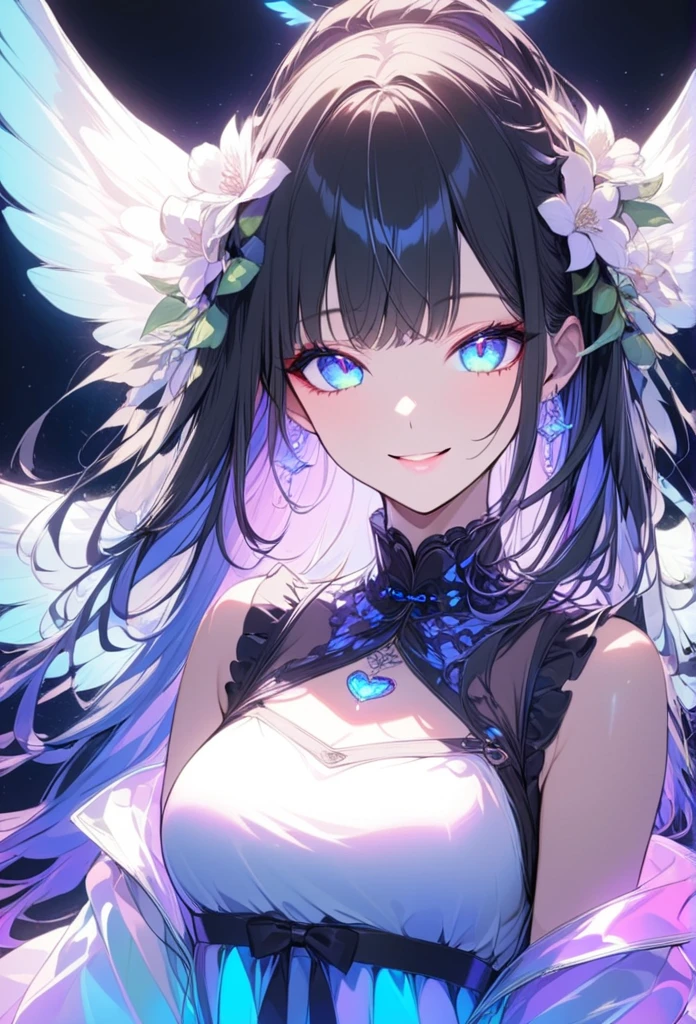 (thin black hair:1.2),(long hair with curls,:1.3),(hair with volume:1.25),(big ribbon:1.3),(blue eyes:1.4),(eye size:1.5),(sphere accessories:1.3),((Feminine fashion:1.4)),(Background full of blooming flowers:1.5),(blush),(upper grade:1.3),(small breasts:1.4),((close up of face:1.5)),((look up:1.25)),(fashion color white、dark blue、purple、pink:1.3),(smile:1.2),((hug breasts:1.5)),((Lily:1.3)),((focus on face:1.35))