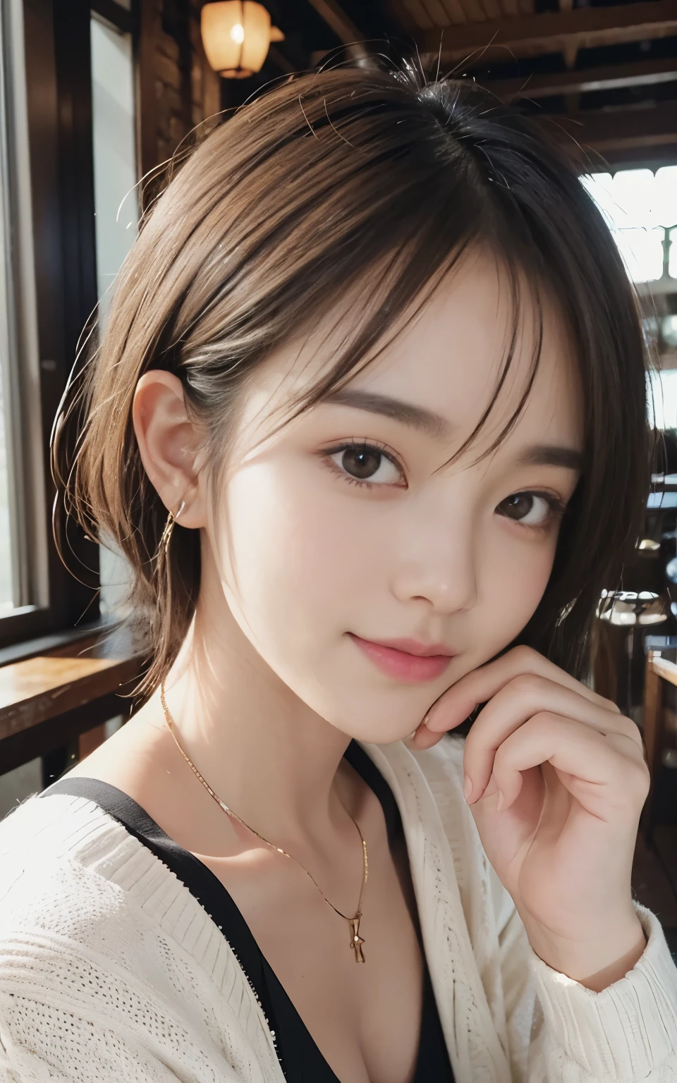 blush a little and smile, (Top quality masterpiece:1.2) Delicate illustrations, Very detailed, /Beautiful Japanese Woman、1 person,Very cute and slim、Great style 、((8k images、super high quality))、Very delicate face, Skin and Hair、Big Breasts、beautifule forehead、Red lipstick、(((((short hair、Light brown hair、Lure))))),Very cute Japanese cut face、Eyes and nose are clearly visible、Kind eyes,((((White sleeveless fashion))))