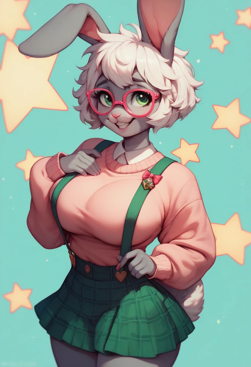 Nerdy, Anthropomorphic, cute, bunny female, short chic white hair, gray fur, green eyes, hourglass, big breasts, pink glasses, oversized sweater, high waisted plaid red skirt, suspenders, shy smile, stars background