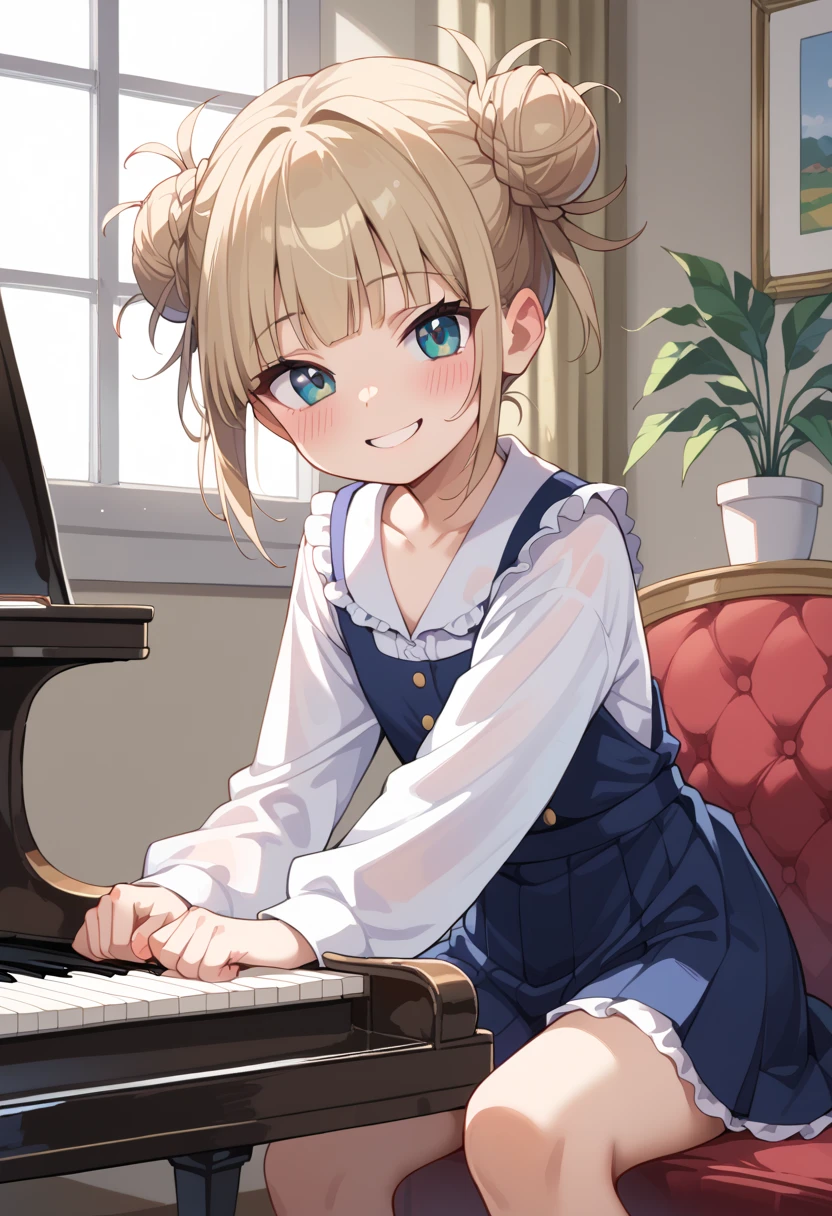 (( top quality)), ((masterpiece)), (be familiar with),  Perfect Face, indoor, bedroom,  Watching Viewers ,
One woman, I was,
開いた口,  ecstatic expression beside the piano, blush, smile,
 small tits,  flat chest, Young girl, Lori,  s,  girl,
 long hair,  twin bun hair ,
Leg spread,