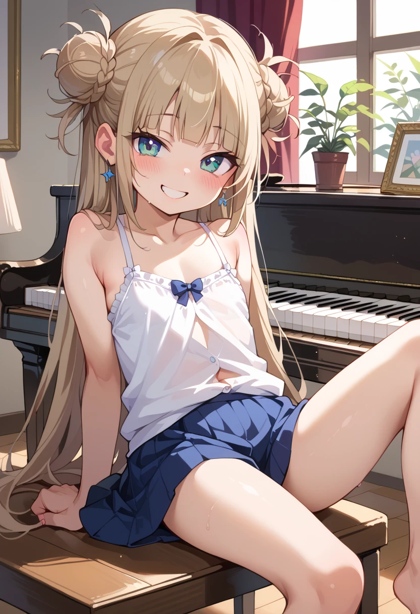 (( top quality)), ((masterpiece)), (be familiar with),  Perfect Face, indoor, bedroom,  Watching Viewers ,
One woman, I was,
開いた口,  ecstatic expression beside the piano, blush, smile,
 small tits,  flat chest, Young girl, Lori,  s,  girl,
 long hair,  twin bun hair ,
Leg spread,