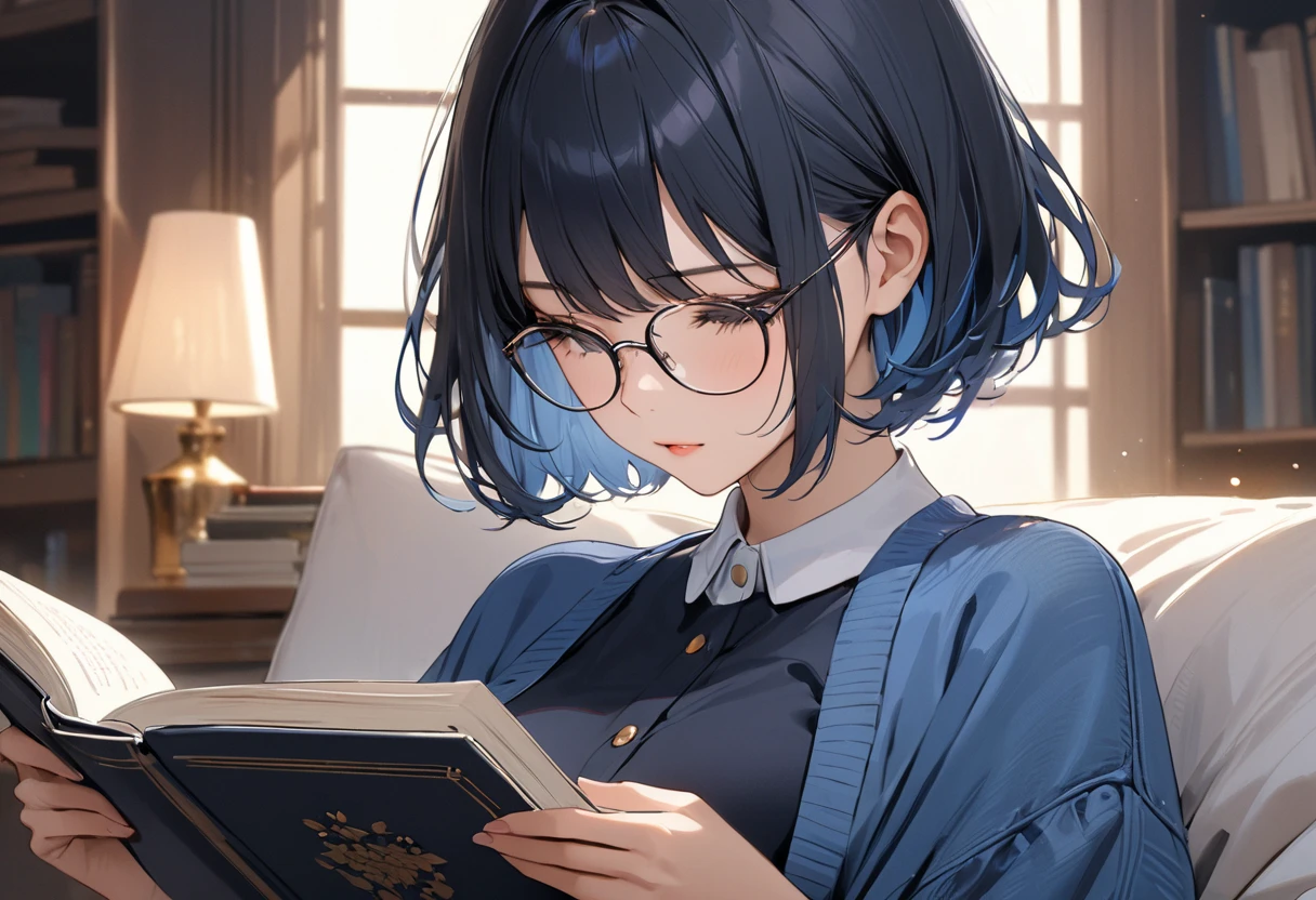 (best quality, masterpiece:1.2), A beautiful girl with a blue short cut wearing glasses is reading a book.