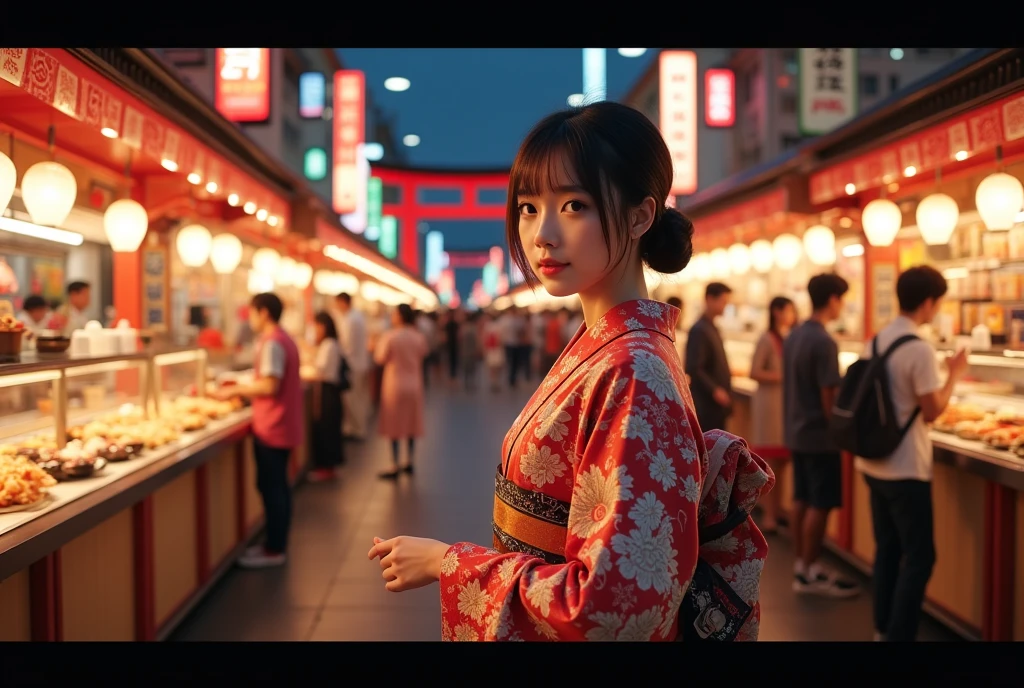 1girl, a young female news reporter in a traditional japanese kimono exploring and introducing a bustling night market, many food stalls and open kitchens with delicious dishes, japanese new year celebration, crowded street scene, shinto shrine, concept art, wide shot photograph,  Focus on food stall