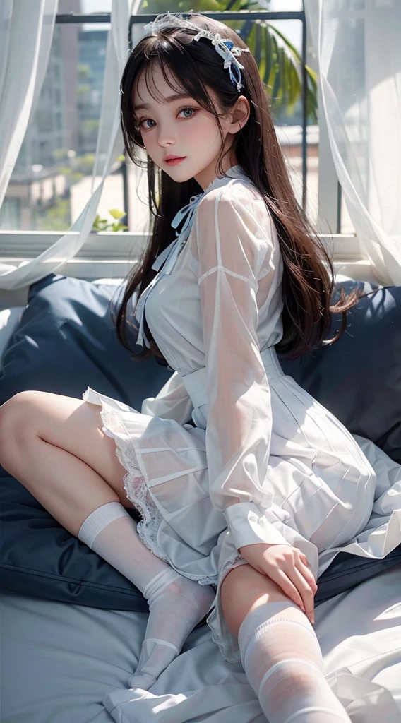 dress, (Photorealsitic: 1.4), (hyper realisitc: 1.4), (realisticlying: 1.3), (Smooth lighting: 1.05), (Improved Cinematic Lighting: 0.9), 32K, 1 rapariga, 20 year old girl, Realistic lighting, The light from the back window is backlighted, Face light source, Ray tracing, (high light: 1.2), (Quality improvement: 1.4), ( Realistic textured skin of the highest quality: 1.4), Fine detail eyes, 详细的脸, Quality eyes, Brown eyes, (Tired, Drowsiness and satisfaction: 0.0),Hairstyle with thin braids from the temporal to the sides,Tie with a white ribbon,(Shirt with white collar),(Blue ribbon on collar),(Enhances the atmosphere of the body line:1.1),(Enhances the beauty of skin texture:1.1),on top of the bed, Long dark blue dress,White silk ankle length socks, high high quality, tmasterpiece, highly detailed, A high resolution, 4K, hyper HD, detailed shadow, Ultra photo realsisim, realisticlying, dramatic lighting, 1girll, 独奏, 详细的脸, photorealistic eye, Realistic skin, Dynamic hair, dynamicposes, dynamic angle, White floral dress, white backgrounid, ulzang-6500-v1.1, (RAW photogr:1.2), (realisticlying:1.4), Beautiful Meticulous Girl, very detailed eyes and faces, beatiful detailed eyes, absurderes, unbelievable Ridiculous, hugefilesize,ultra - detailed,A high resolution,The is very detailed,best qualtiy,(Bright interior),(the soft light),(low-contrast),(shallowdepthoffield),(portrait of a beautiful woman illuminated by gentle light),(Extremely refined and elegant depiction),(short length bangs),(The hair color is dark chestnut,Slightly brownish tint),(hair with a subtle and gentle wave), (Small braids carefully woven on the sides of long hair), (adorned with a thin ribbon), (White shirt with small frills), (neck bowtie), (Long blue dress), (White short ankle socks), illustratio, The is very detailed, CG, unified, 8k wallpaper, astounding, finedetail, best qualtiy, The is very detailed的 CG unified 8k 壁纸, Face light, 电影灯光, 1girll, 16 yaers old, ((with no underpants)), ((dynamicpose