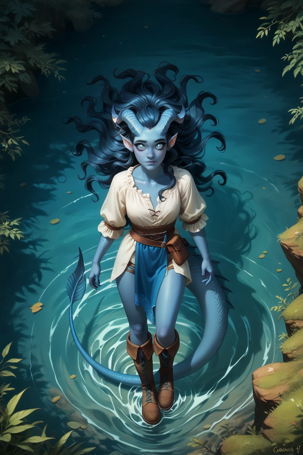 (cedar ), (1Тiefling ,  dark blue-gray skin :1.5), ( very thick long tiefling dragon tail :1.5), ( long black flowing hair with dark blue tips:1.4), ( the bright blue-black pigmentation on the face :1.5), (blue-black freckles :1.2) , ( small barely noticeable fins on the head:1.4), ( bright blue-grey pupils,  Black eyes :1.4), ( blue-black pigmentation on the skin :1.5), ( dark grey straight short horns ), ( blue and black pigmentation on the tail :1.5), (kind face), (curiosity ), (35 years old:1.5), ( Adult girl:1.3) , (Deep look:1.2), (a white canvas shirt ), (you can see pigmentation on his shoulder ), (chainmail), (tail protection), (the fur on the pants ), (cloth-wrapped legs ,  medieval boots with wooden soles :1.3), ( is the tail at the back and wraps around the body ), (lies in the water on a sea creature Leviathan:1.4), ( top view), ( top quality ), ( masterpiece fails),  ( highest detail), [ against the background of a deep thorny forest ,  prickly impassable black trees , a mountain cliff , water], ( against the background of a thicket ), ( against the background of a mountain stream ),  fantasy background, blue tones, Dark tones, dark shades,  muted colors. 
