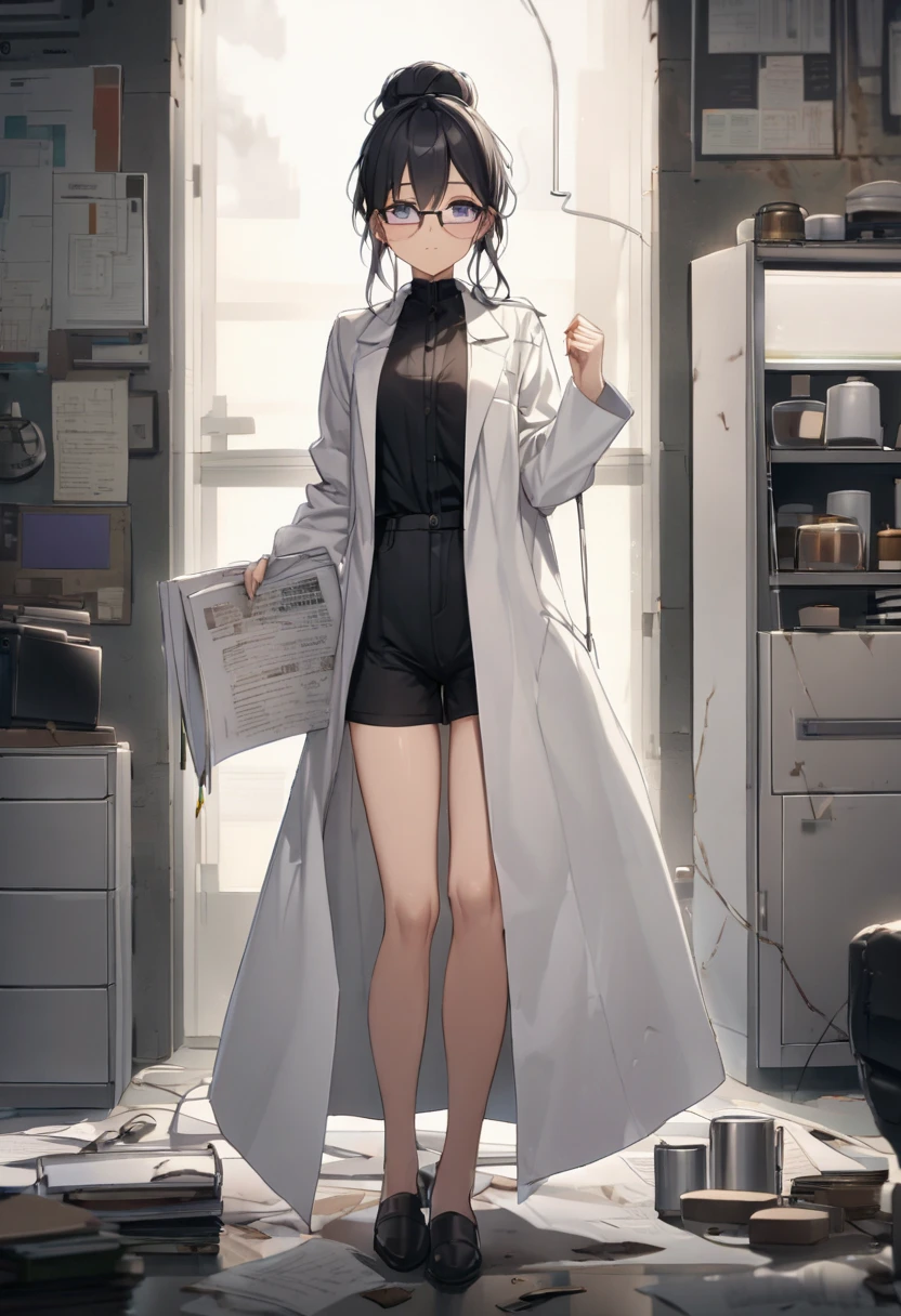 tmasterpiece, Hot lens, ((best qualtiy)), absurderes, Perfect anatomy, Tae Takemi, (Small smile), choker necklace, choker necklace, choker necklace, shift dresses, (:1.3), no-bra, well-defined abdomen, labcoat, standing on your feet, Doctor's office background, sexyposture,Sling swimsuit