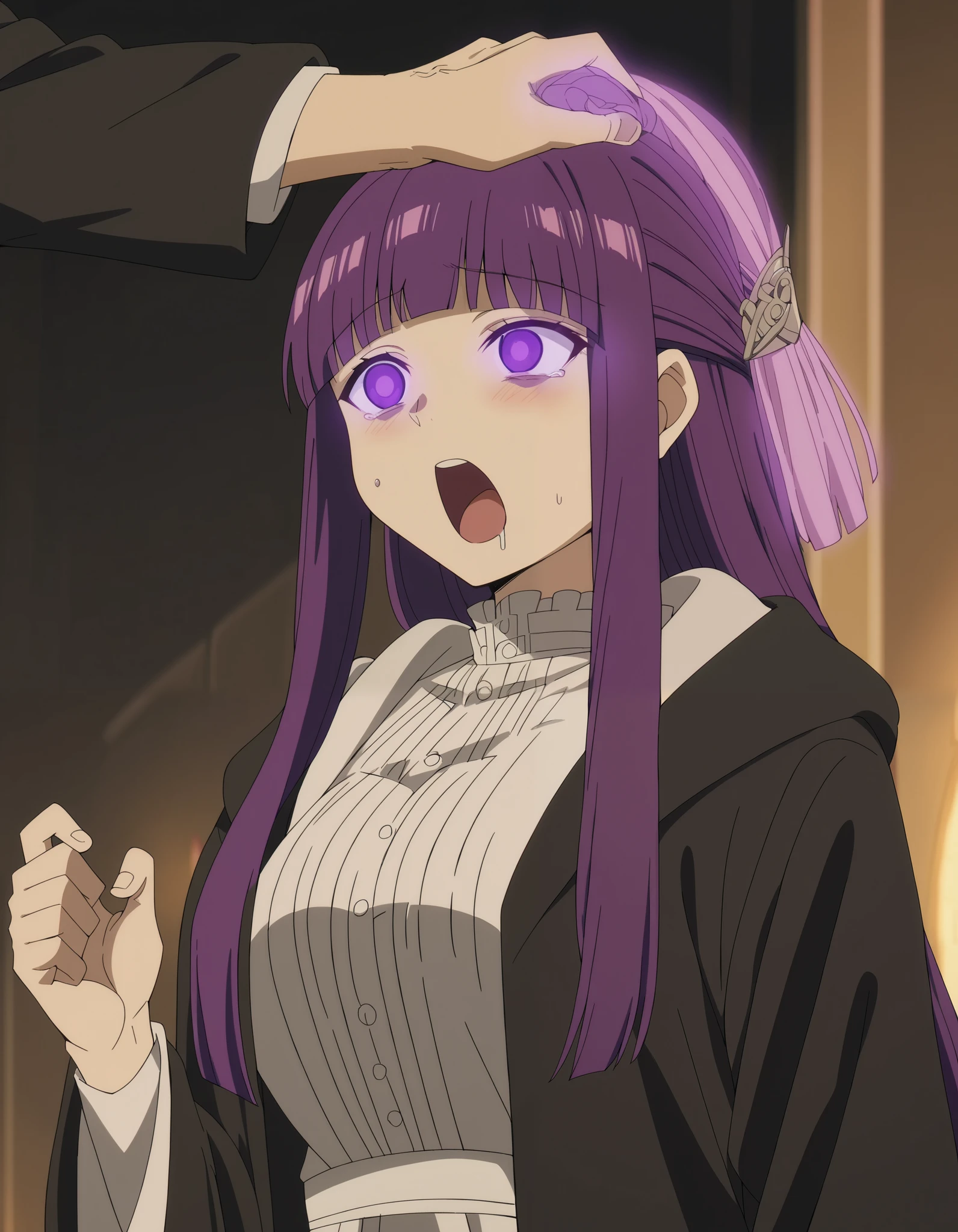 score_9, score_8_up, score_7_up, source_anime, fern, long hair, bangs, purple eyes, purple hair, sidelocks, blunt bangs, bright pupils, half updo, large breasts, anime screencap, long sleeves, dress, white dress, long dress, robe, black robe, bedroom, ((pink glow)), ((eyes glowing)), yawn, ((ahegao)), ((((pain)))), (((alone))), ((glowing eyes)), ((((holding her head)))), ((((looking down))))