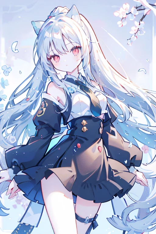 Portrait of a girl with long silver hair、Sleeveless, High collar white button front shirt、Navy cameo with gold trim、Large Ribbon Tie、Navy blue high waist flared miniskirt with bustier、White socks above the knee
