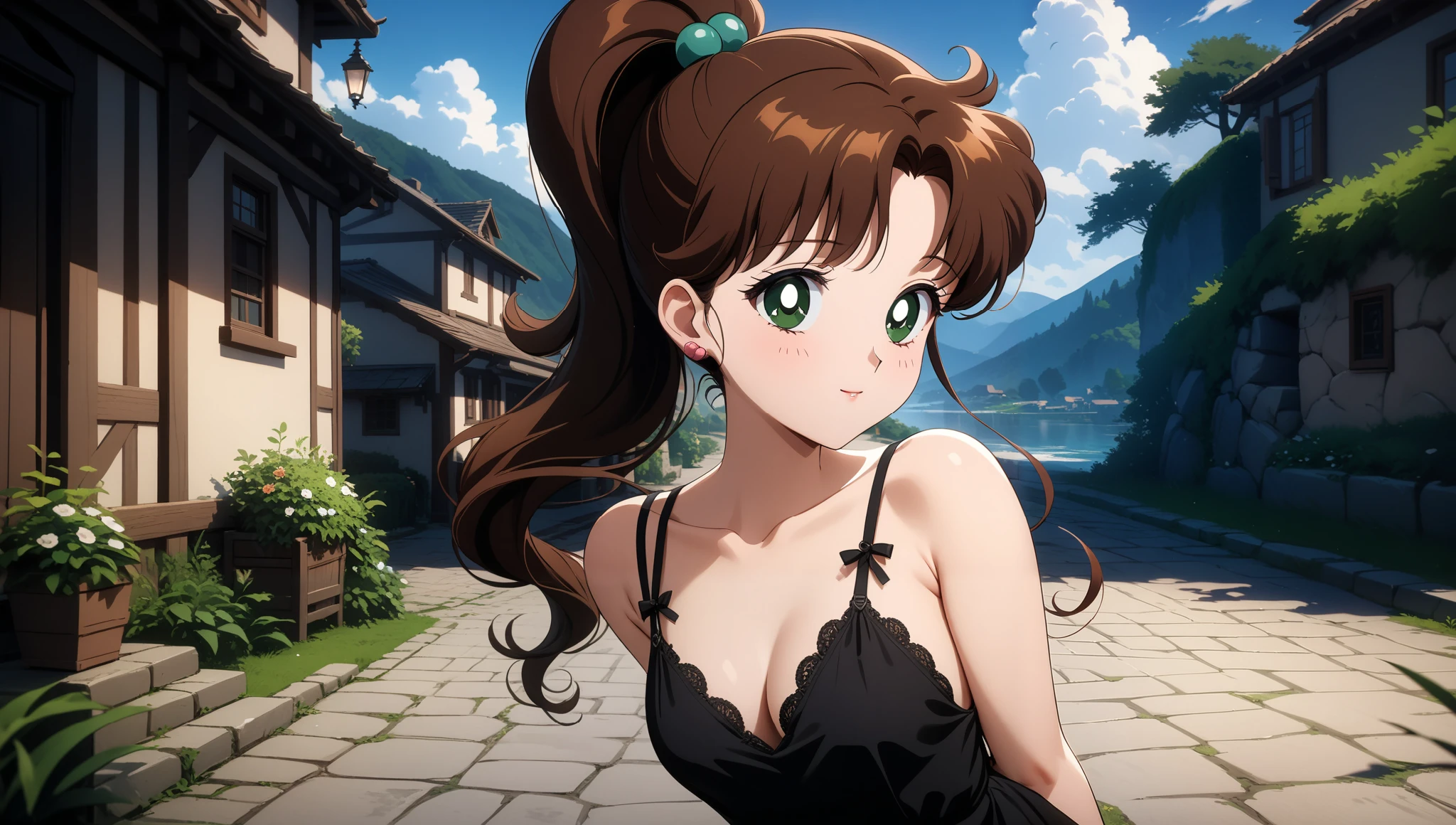 (masterpiece, best quality, very aesthetic , ultra detailed), intriguing details , 4K, POV, aajupiter, long hair, brown hair, ponytail, hair bobbles, green eyes, 1girl, green nails, solo, Best quality, masterpiece, High Definition, province, detailed background, intricate details, day, black mini dress with straps, white shirt, arms behind back