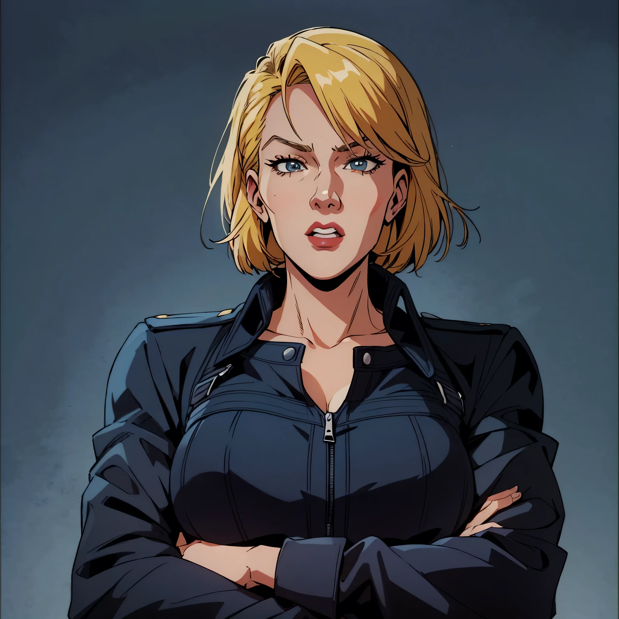 arafed woman in a black jacket with her arms crossed, portrait of kate winslet, olya bossak, promotional portrait, promotional image, aleksandra waliszewska, promotional picture, yelena belova, sil from species, promo still, olga buzova, promo image, maya, eva, promotional still, jenni pasanen((X-men TaS Style)), retro artstyle,90s comic book style,Marvel Comics,X-men the Animated Series