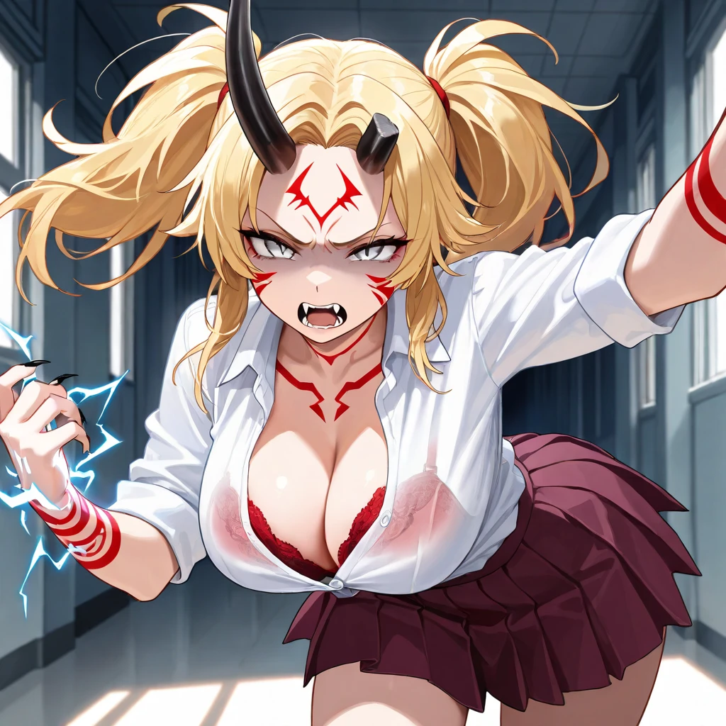 Power inhabits the body of an unknown woman or girl with long hair. Her hair color varies from blonde to pink, sometimes appearing dirty blonde or light brown. In the anime, it takes on a strawberry blonde hue. Her eyes form a cross pattern, with red and yellow irises. Sharp teeth and light red horns crown her head. Power typically no shirt, tie, and slacks required of Public Safety Devil Hunters. Her jacket hangs halfway off her body, giving her an untidy appearance. Fiend Form: When she accumulates too much blood, her horns grow larger and more curved. Additional pairs of horns sprout from the sides of her head. Breast enhance size, and her half-dressed jacket adds to her disheveled and sexual powerful look. Personality: Power is childish, greedy, and driven by self-interest. Her actions are often unpredictable, making her a wild card in any situation. Despite her chaotic nature, she forms unique bonds with fellow characters, revealing glimpses of vulnerability beneath her tough exterior. Abilities: Physical Abilities: As a Fiend, Power possesses enhanced strength, agility, and resilience. Devil Powers: She can make contracts with humans, consume blood for healing, and take over dead human bodies. Skillset: Her combat skills are formidable, especially when fueled by her unpredictable temperament.