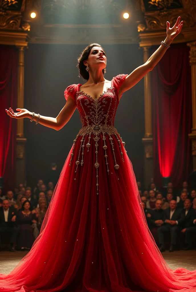 An elegant dancer performs passionate tango steps in a picturesque setting in Spain. Dressed in traditional Spanish clothing, her flamenco dress flutters as she moves gracefully. Her curly hair, radiant green eyes and smooth, flawless skin add a touch of beauty and charm to the image.