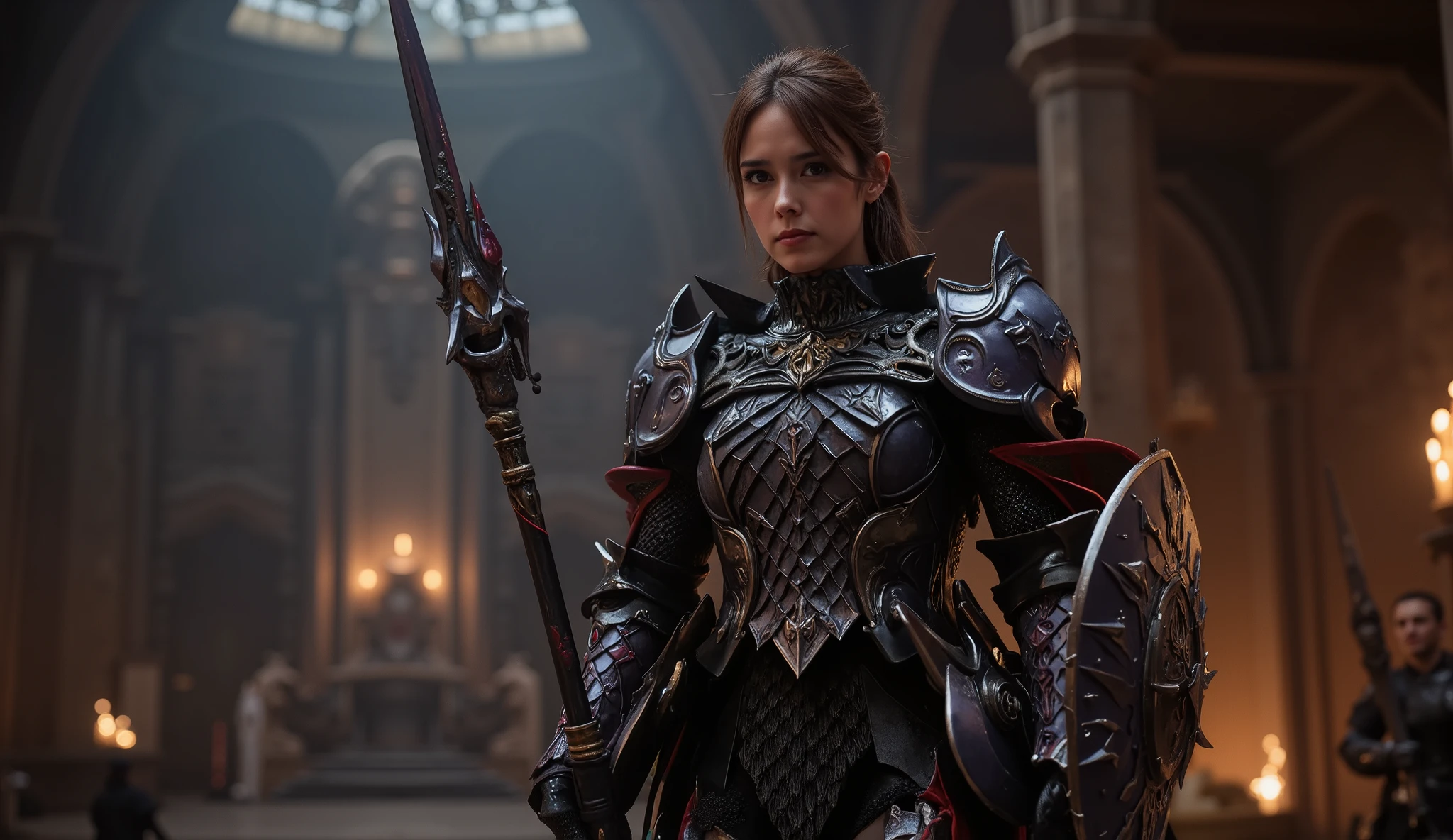 woman warrior, intricate detailed armor, holding sword and shield, fantasy, cinematic lighting, dramatic, hyper detailed, photorealistic, cinematic, chiaroscuro, dramatic shadows, warm colors, glowing energy, dark fantasy, FULL VIEW BODY