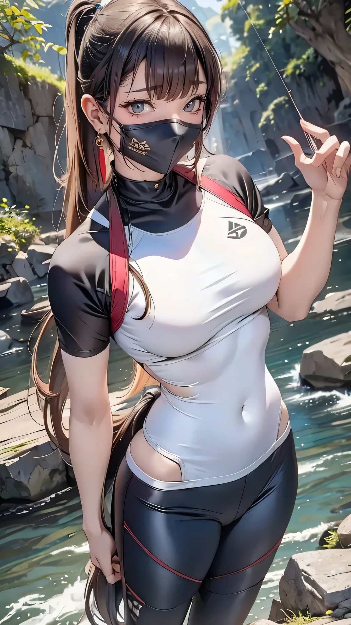 thin and long hair,Blunt bangs,Straight hair,ponytail,rash guard,leggings,mouth mask ,pale skin,thin woman,large breasts,Fly fishing in a mountain stream