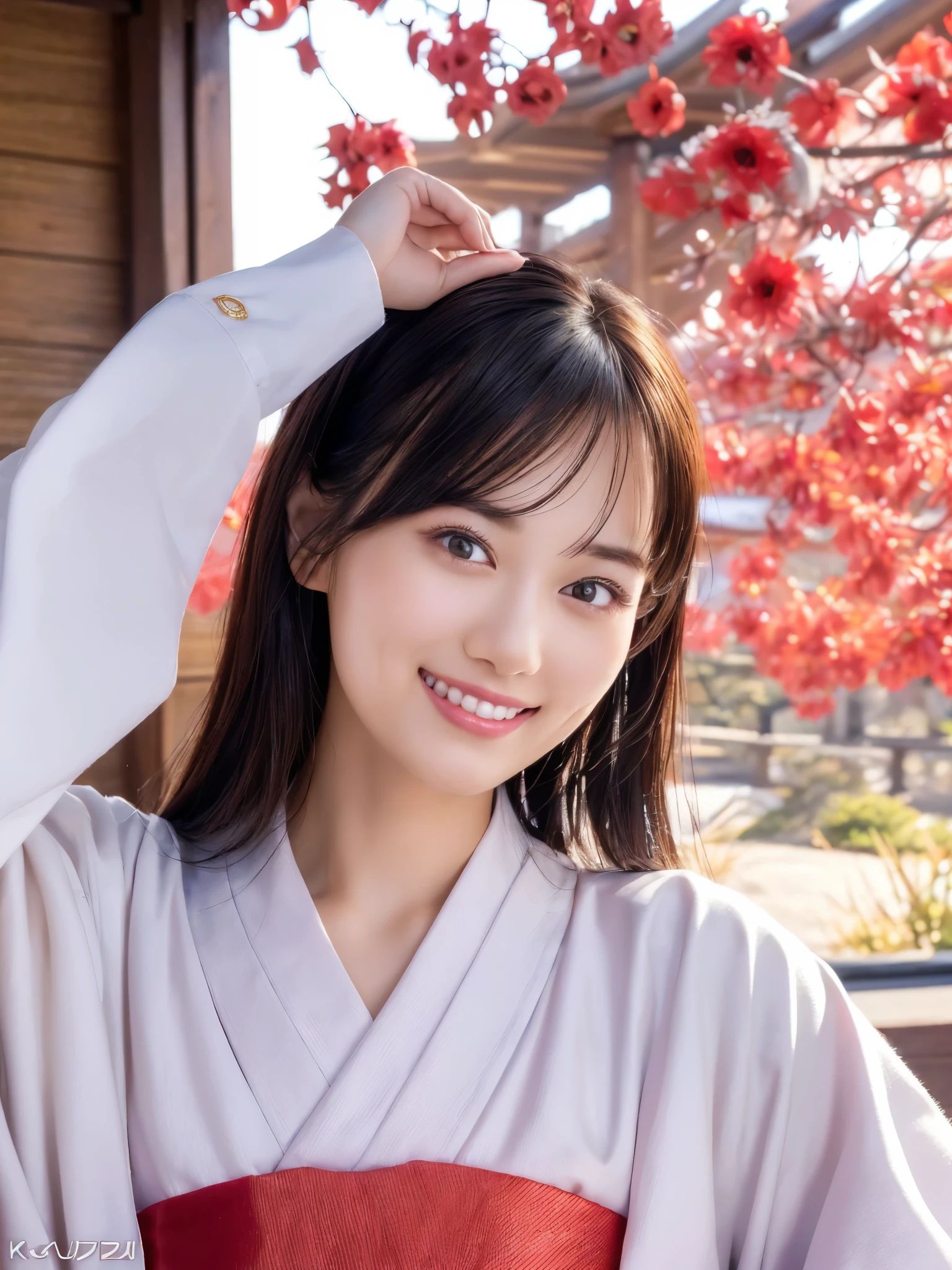 ( face close-up:1.2)、 top quality、 ultra high definition、(Photographically: 1.2)、 beautiful eyes、 very beautiful、 shiny hair 、Mature and elegant、(smile、smile:1.2)、(kawaii miko girl, wearing japanese white clothes,red hakama, in a Japanese shrine, 45 angle by krenz cushart and Mucha, golden hour lighting, strong rim light, intense shadows)