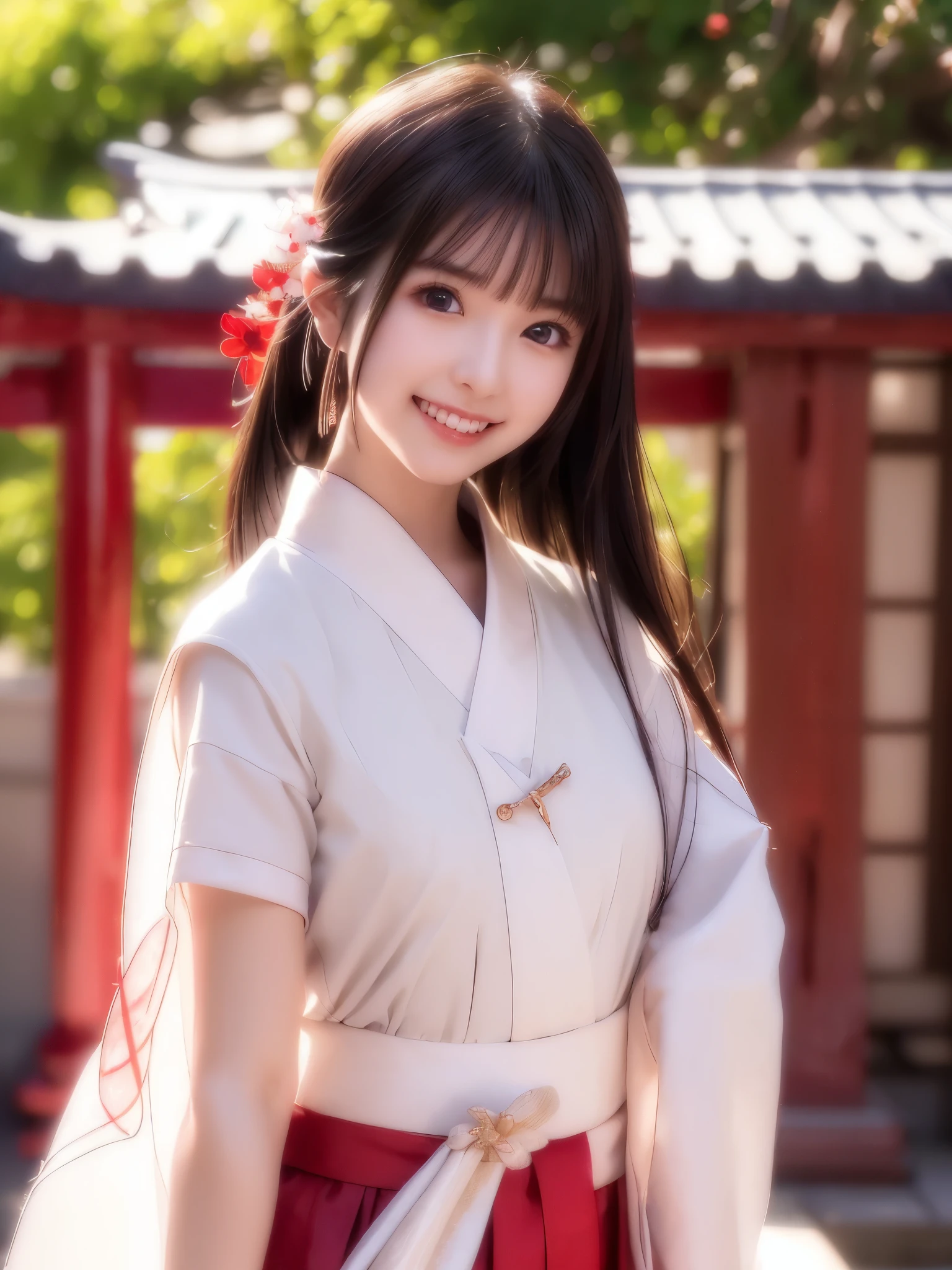 ( face close-up:1.2)、 top quality、 ultra high definition、(Photographically: 1.2)、 beautiful eyes、 very beautiful、 shiny hair 、Mature and elegant、(smile、smile:1.2)、(kawaii miko girl, wearing japanese white clothes,red hakama, in a Japanese shrine, 45 angle by krenz cushart and Mucha, golden hour lighting, strong rim light, intense shadows)