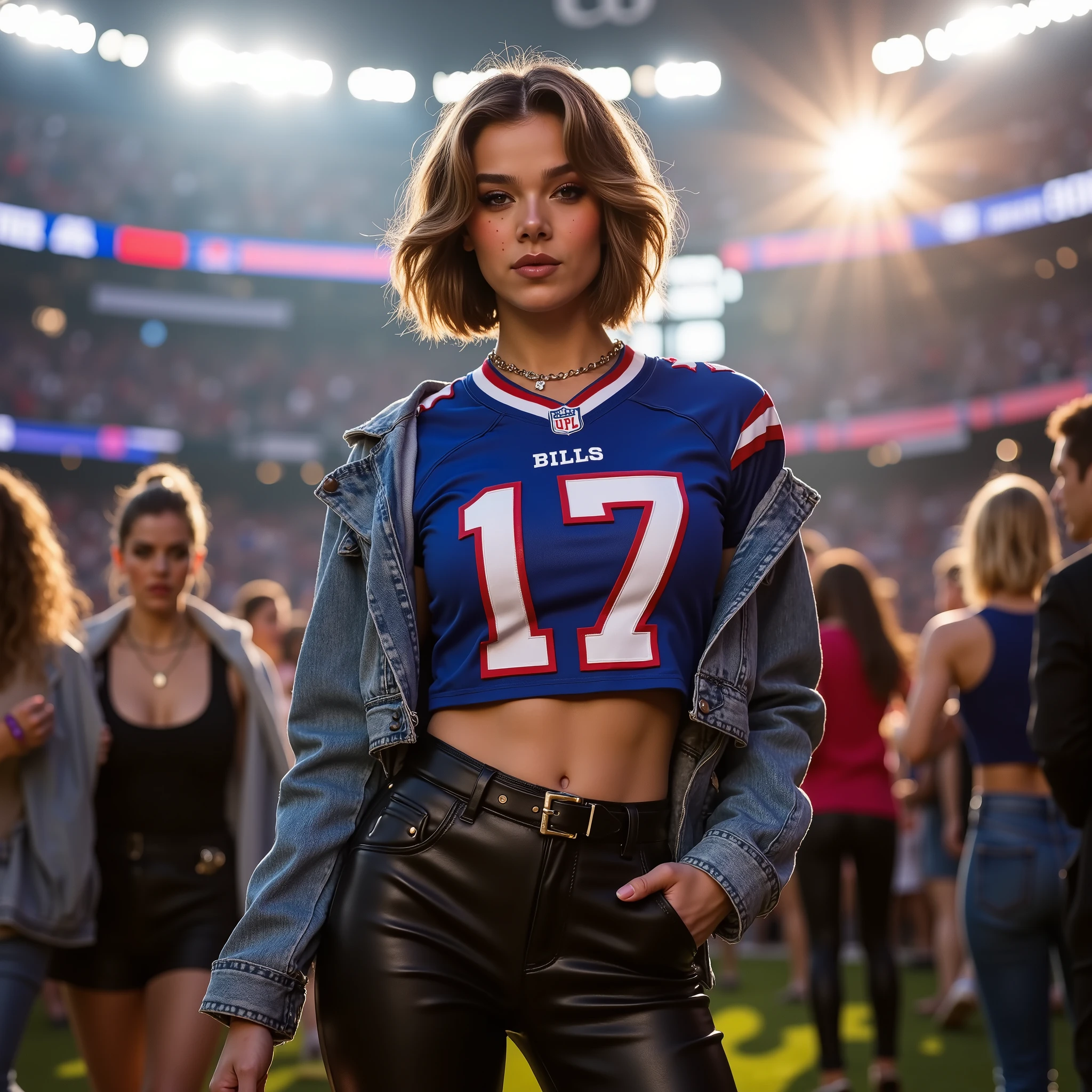 a brunette woman with short hair wearing a Buffalo Bills #17 Jersey, black leather pants with crotch lacing and a buckled belt, denim crop jacket, low hanging necklace, football stadium, attending the Super Bowl, realistic, photorealistic, (best quality,4k,8k,highres,masterpiece:1.2),ultra-detailed,(realistic,photorealistic,photo-realistic:1.37),HDR,UHD,studio lighting,ultra-fine painting,sharp focus,physically-based rendering,extreme detail description,professional,vivid colors,bokeh,portrait,backlit glow,night