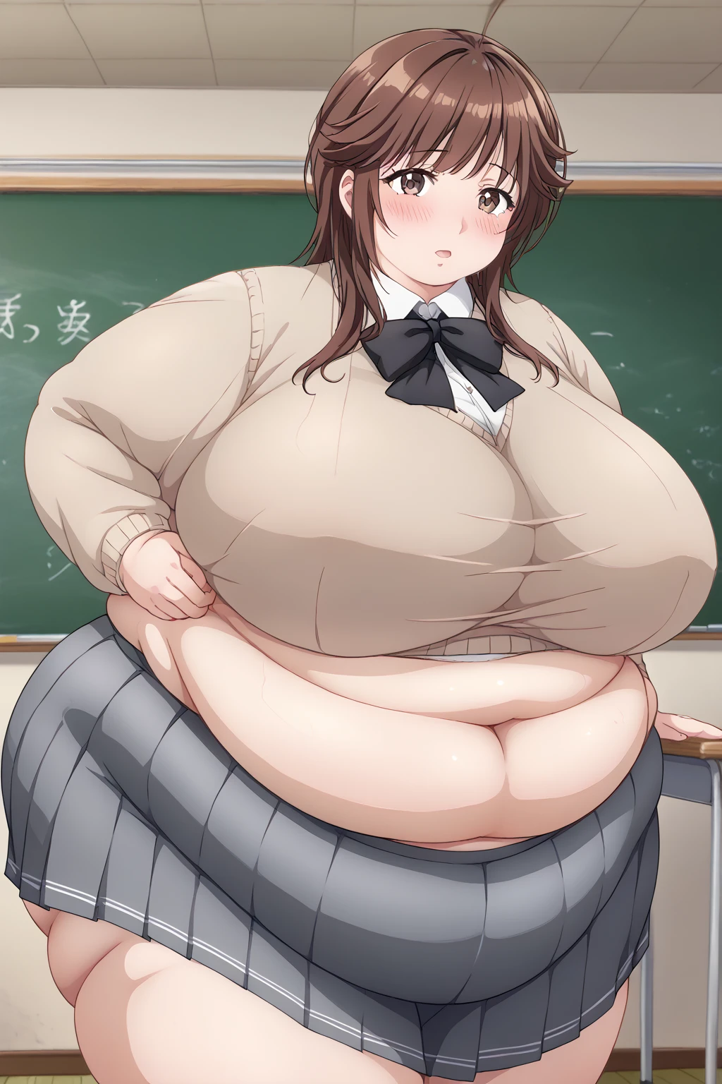 Sakurai Rihoko, Rihoko Sakurai, brown eyes、 brown hair,grey  skirt , kibito high  school uniform, pleated  skirt ,  school uniform、 skirt 、 sweater 、indoor、classroom、Bent Over, troubled expression,　blush,Obese middle-aged woman,Severe obesity, Fat face,ssbbw,weight 250kg, score_9,  score_8_ up、 score_7_ up、 score_6_ up、 score_5_ up、 score_4_ up、 Masterpiece、 top quality, A beautiful woman with an obese figure,  absurd、 source_Anime, Anime screencap,  one woman、Alone、 personal  、Super huge breasts,  super huge clevis、Super huge, Super huge boob,Curvy、 Wide Hips 、