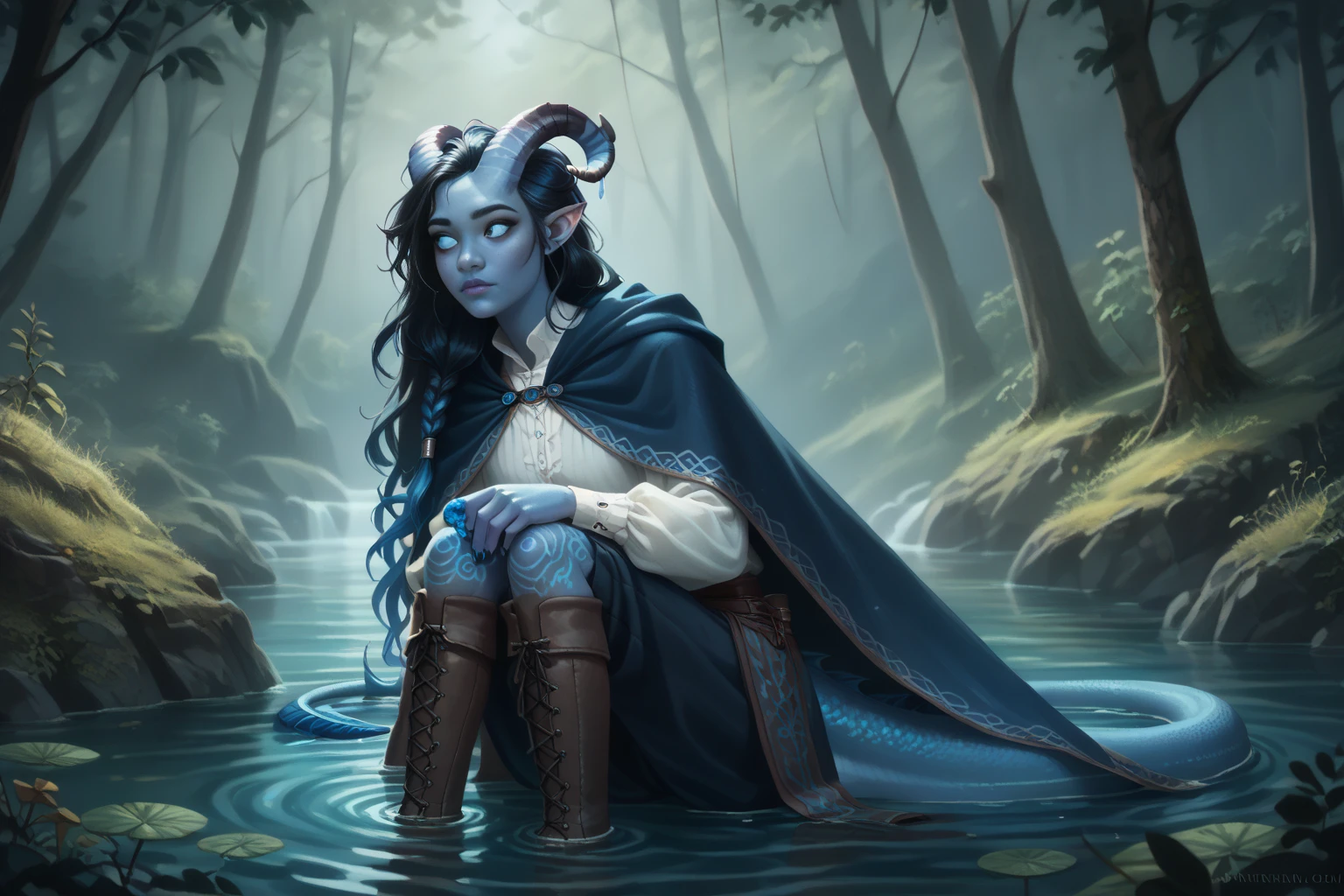 (cedar ), (1Тiefling ,  dark blue-gray skin :1.5), (in the water, a leviathan with tifling on his back:1.5), ( very thick long tiefling dragon tail :1.5), ( long black flowing hair with dark blue tips:1.4), ( the bright blue-black pigmentation on the face :1.5), (blue-black freckles :1.2) , ( small barely noticeable fins on the head:1.4), ( bright blue-grey pupils,  Black eyes :1.4), ( blue-black pigmentation on the skin :1.5), ( dark grey straight short horns ), ( blue and black pigmentation on the tail :1.5), (kind face), (curiosity ), (35 years old:1.5), ( Adult girl:1.3) , (Deep look:1.2), (a white canvas shirt , cloak:1.4), (you can see pigmentation on his shoulder ), (chainmail), (tail protection), (the fur on the pants ), (cloth-wrapped legs ,  medieval boots with wooden soles :1.3), ( is the tail at the back and wraps around the body ), ( top view), ( top quality ), ( masterpiece fails),  ( highest detail), [ against the background of a deep thorny forest ,  prickly impassable black trees , a mountain cliff , water], ( against the background of a thicket ), ( against the background of a mountain stream ),  fantasy background, blue tones, Dark tones, dark shades,  muted colors. 
