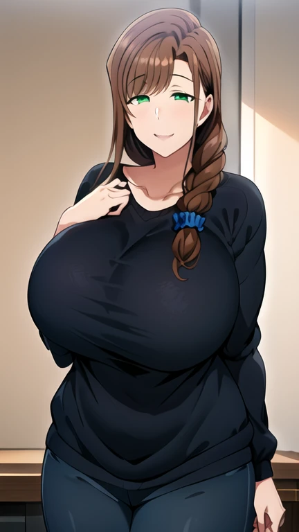  Masterpiece,  1 girl,  put your hands together ,  long hair,  looking , smile, half closed eyes口を開けて,  Big Breasts,  brown hair,  black shirt,  Long Sleeve , loose shirt,  hair ornament,  green eyes, clavicle,  braided , blue pants , ((( black sweater that has been hit))), single  braided , scrunchie,   Hair Over Shoulder , Hairscrancy , Mature women,  Wide Hips ,,
