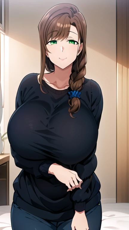  Masterpiece,  1 girl,  put your hands together ,  long hair,  looking , smile, half closed eyes口を開けて,  Big Breasts,  brown hair,  black shirt,  Long Sleeve , loose shirt,  hair ornament,  green eyes, clavicle,  braided , blue pants , ((( black sweater that has been hit))), single  braided , scrunchie,   Hair Over Shoulder , Hairscrancy , Mature women,  Wide Hips ,,
