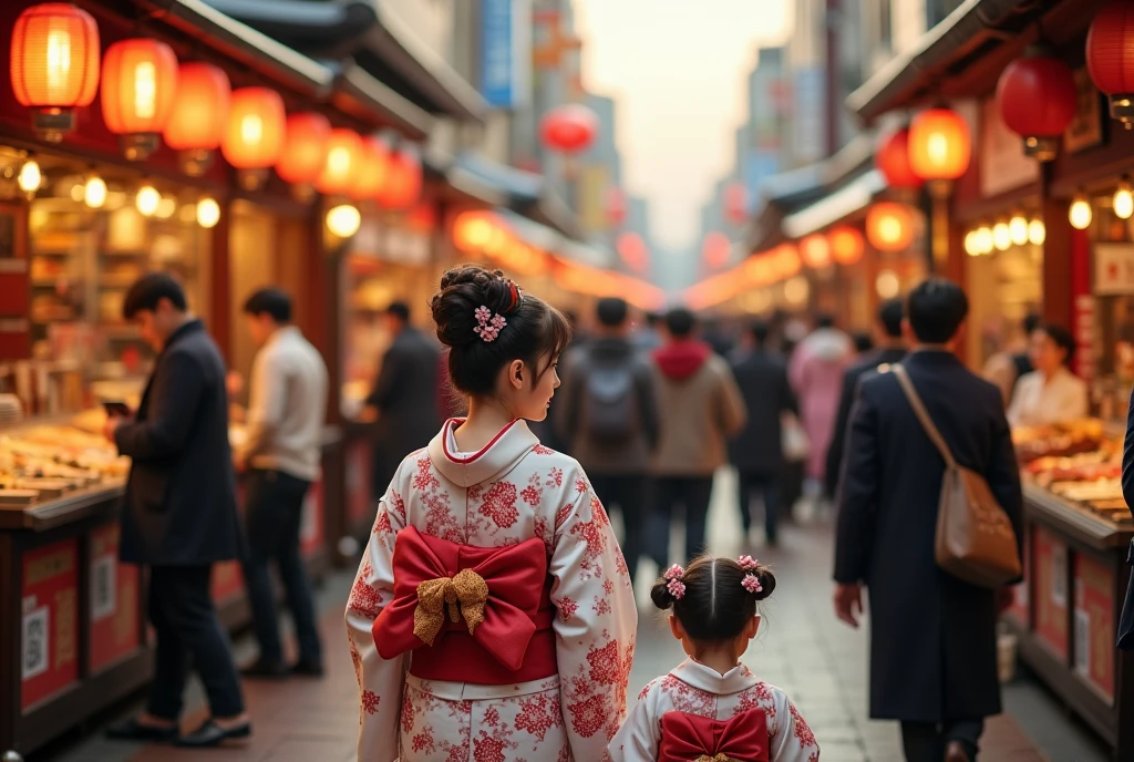 1girl, a young female news reporter in a traditional japanese kimono exploring and introducing a bustling night market, many food stalls and open kitchens with delicious dishes, japanese new year celebration, crowded street scene, shinto shrine, concept art, wide shot photograph,  Focus on food stall