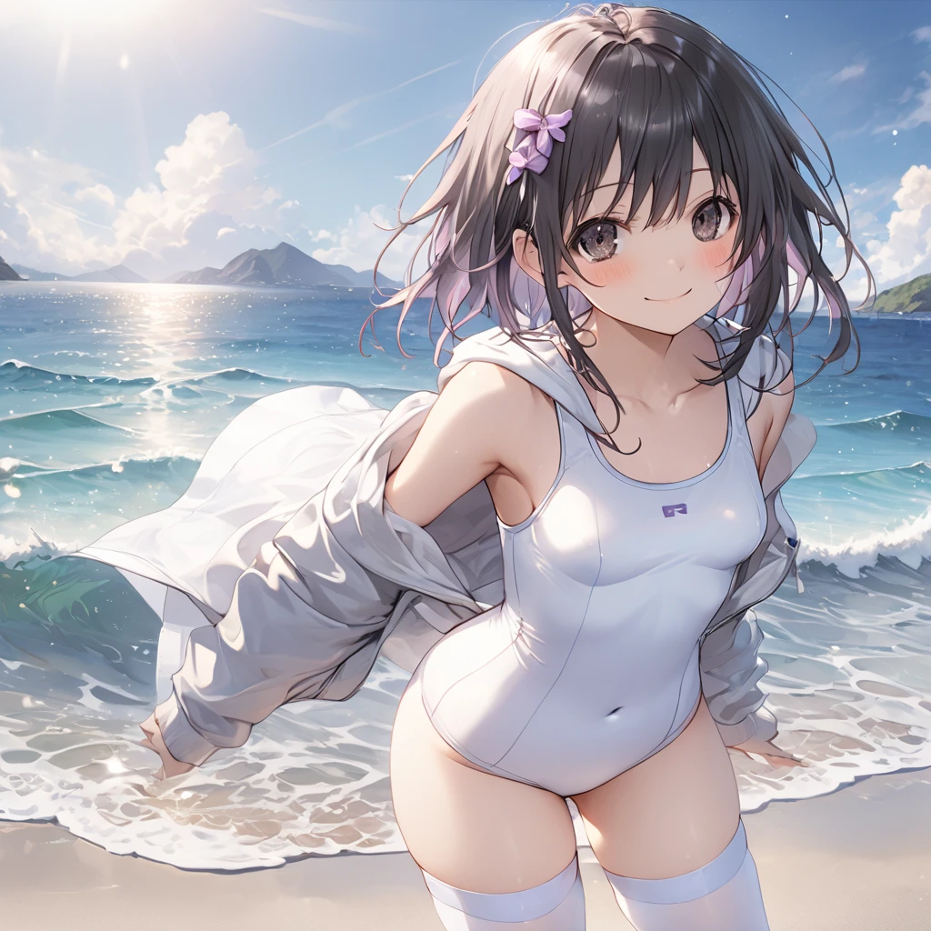 ( 1 girl), black hair, black eyes,short hair ,sidelocks,smile,blush, ( small tits:1.5), hoodie、(white school swimsuit:1.5),(Thighs:1.5),(white thigh high :1.5),stand、sea、 sandy beach、front、 cowboy shot、( perfect anatomy ),( best quality), ( ultra hi-res), (超 high definition ), ( Highly Detailed CG), (32K), (masterpiece)、eyesHD、Nepgear,