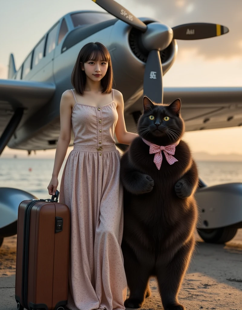 ultra-realistic, photorealistic, dramatic scene, shadow, global-illumination, melancholy, 1 girl\( 20 years old Japanese beautiful girl, beautiful with cute face, wearing a cute patterned one-piece dress with long skirt, pastel camisole, shoulder-length brown hair, accessories, simple sneaker, elegant hat\), 1 human-like giant black cat\( human-like giant black cat, bow tie, wearing a conservative aloha-shirt, slight taller than the girl, standing with her, wearing an dark colored aloha-shirt, holding a large suits case, little chubby\), the girl and human-like giant black cat are about to board the private flying boat moored at the private seaplane port, old flying boat with single propeller, monoplane, the propeller is illuminated by the evening sun