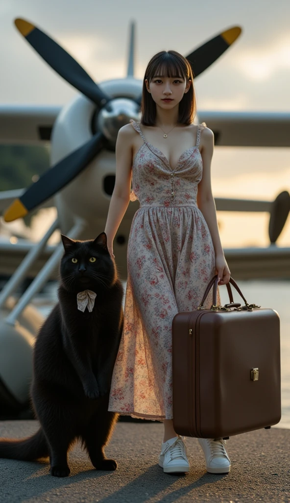 ultra-realistic, photorealistic, dramatic scene, shadow, global-illumination, melancholy, 1 girl\( 20 years old Japanese beautiful girl, beautiful with cute face, wearing a cute patterned one-piece dress with long skirt, pastel camisole, shoulder-length brown hair, accessories, simple sneaker, elegant hat\), 1 human-like giant black cat\( human-like giant black cat, bow tie, wearing a conservative aloha-shirt, slight taller than the girl, standing with her, wearing an dark colored aloha-shirt, holding a large suits case, little chubby\), the girl and human-like giant black cat are about to board the private flying boat moored at the private seaplane port, old flying boat with single propeller, monoplane, the propeller is illuminated by the evening sun