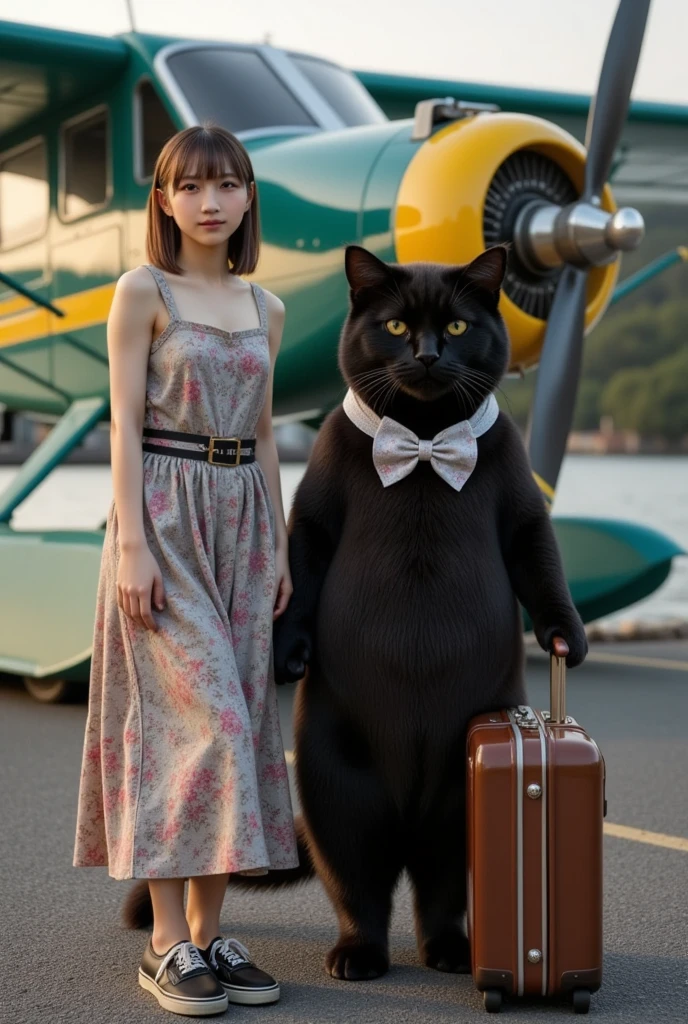 ultra-realistic, photorealistic, dramatic scene, shadow, global-illumination, melancholy, 1 girl\( 20 years old Japanese beautiful girl, beautiful with cute face, wearing a cute patterned one-piece dress with long skirt, pastel camisole, shoulder-length brown hair, accessories, simple sneaker, elegant hat\), 1 human-like giant black cat\( human-like giant black cat, bow tie, wearing a conservative aloha-shirt, slight taller than the girl, standing with her, wearing an dark colored aloha-shirt, holding a large suits case, little chubby\), the girl and human-like giant black cat are about to board the private flying boat moored at the private seaplane port, old flying boat with single propeller, monoplane, the propeller is illuminated by the evening sun