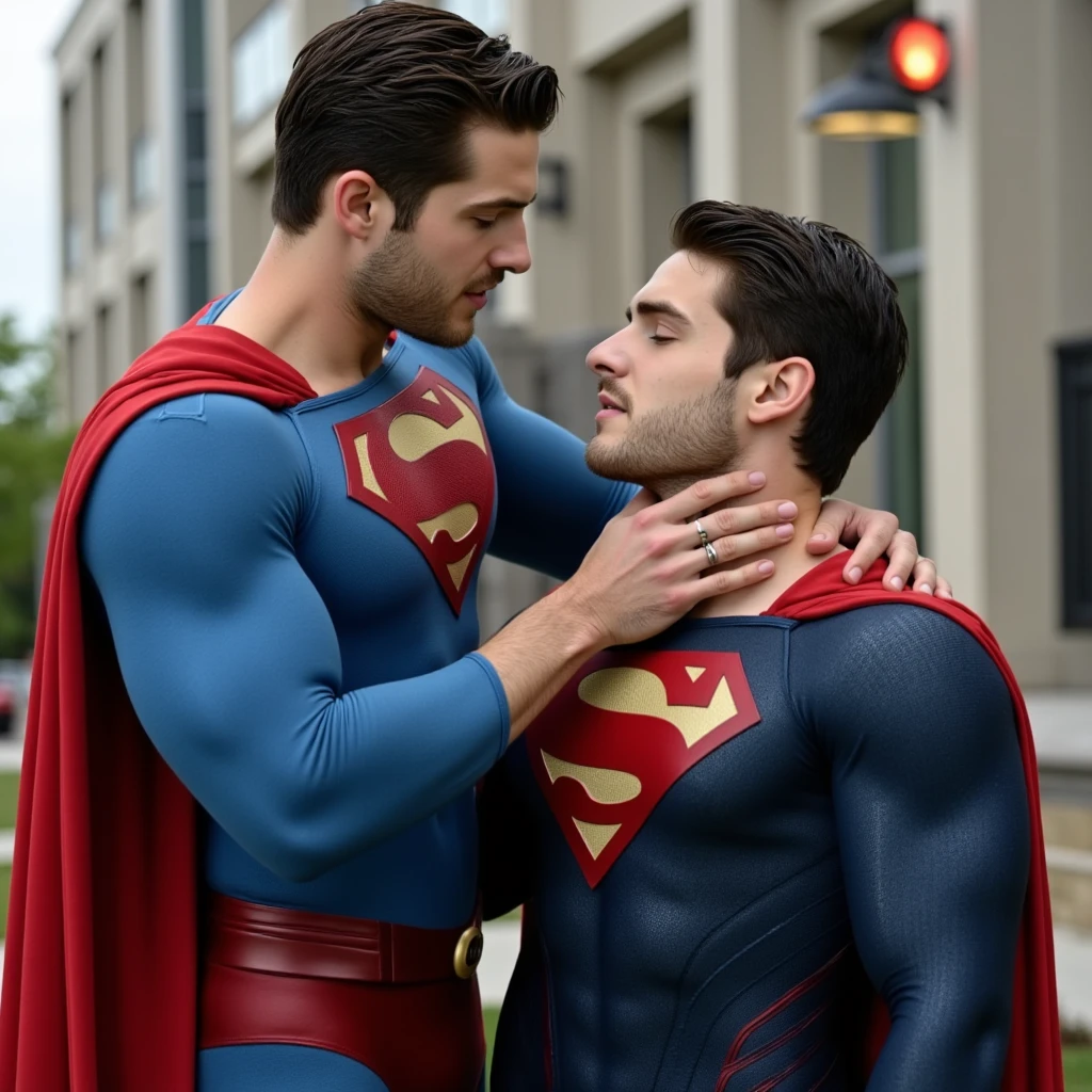 two men dressed in superhero costumes. Both costumes are predominantly blue with red capes and boots. The man on the left has short brown hair and is wearing a light blue costume with a large red 'S' emblem on the chest, a red belt, and red briefs over the light blue suit. The man on the right is Cody Christian he has short dark hair and is wearing a dark blue costume with a slightly different 'S' emblem design. The men are interacting, with the man on the left is grappling the other man's neck with his hand, suggesting a struggle The man on the right is weakened or unconscious, eyes closed